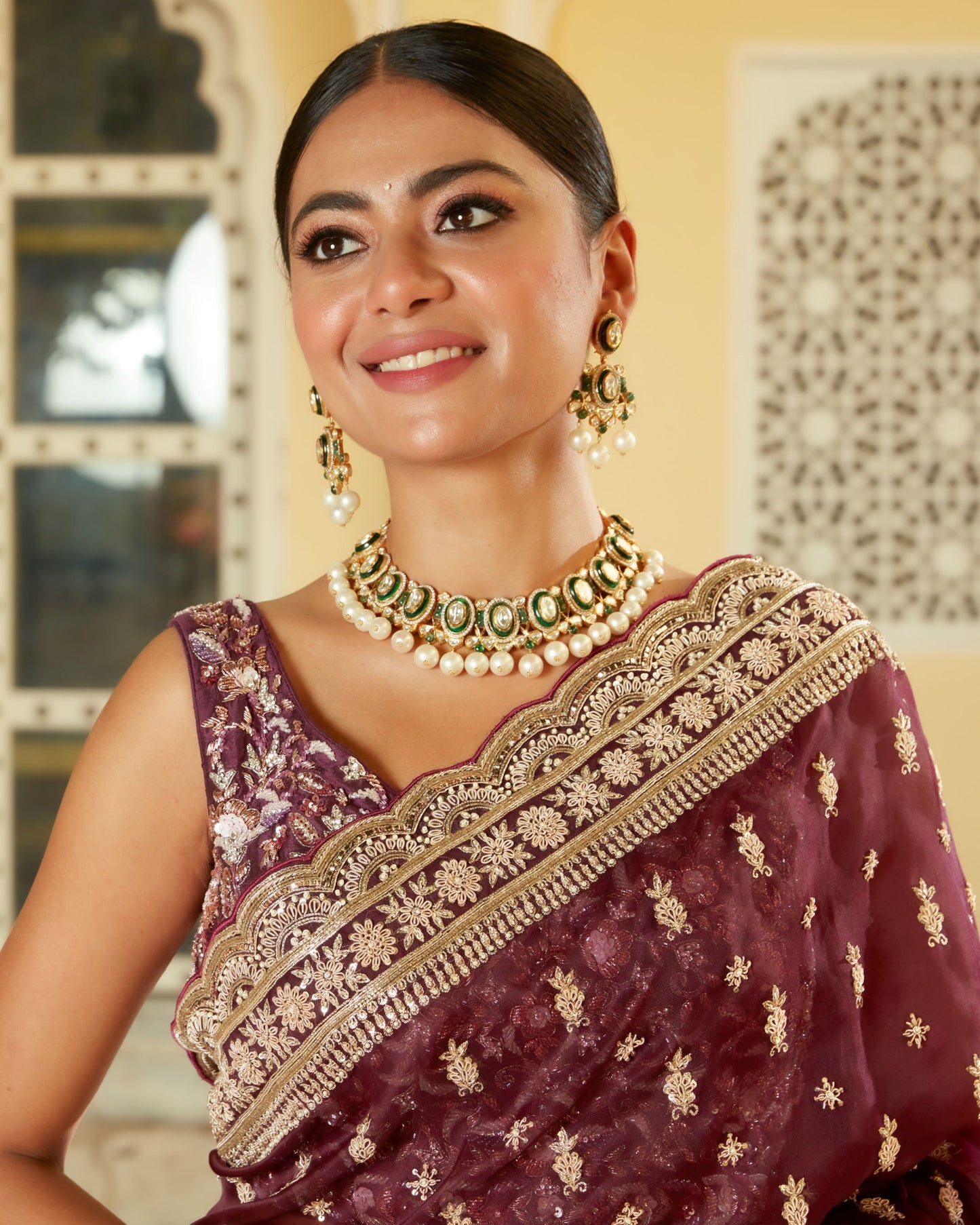 Wine Organza Silk Saree With Embellished Zardozi Work