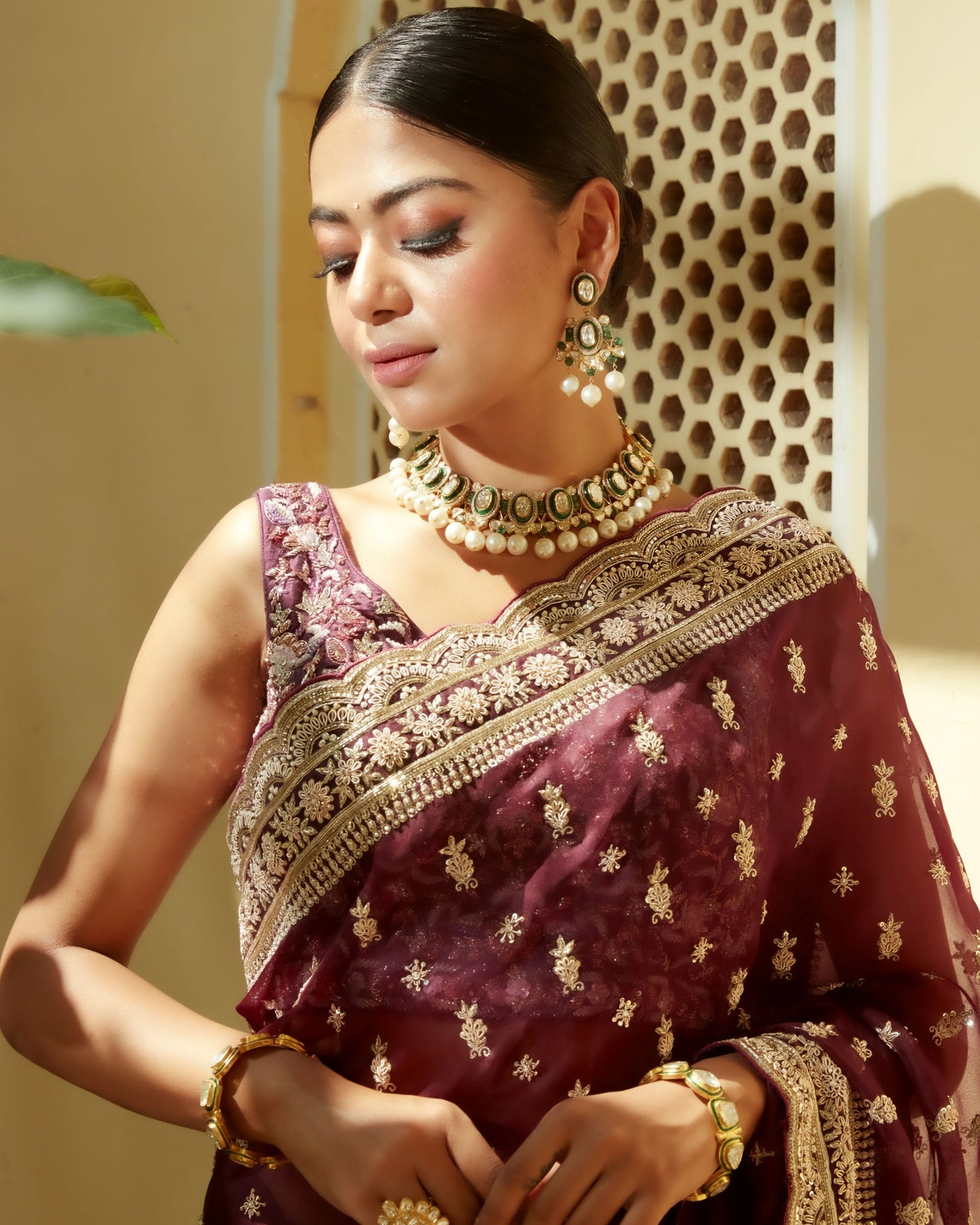 Wine Organza Silk Saree With Embellished Zardozi Work