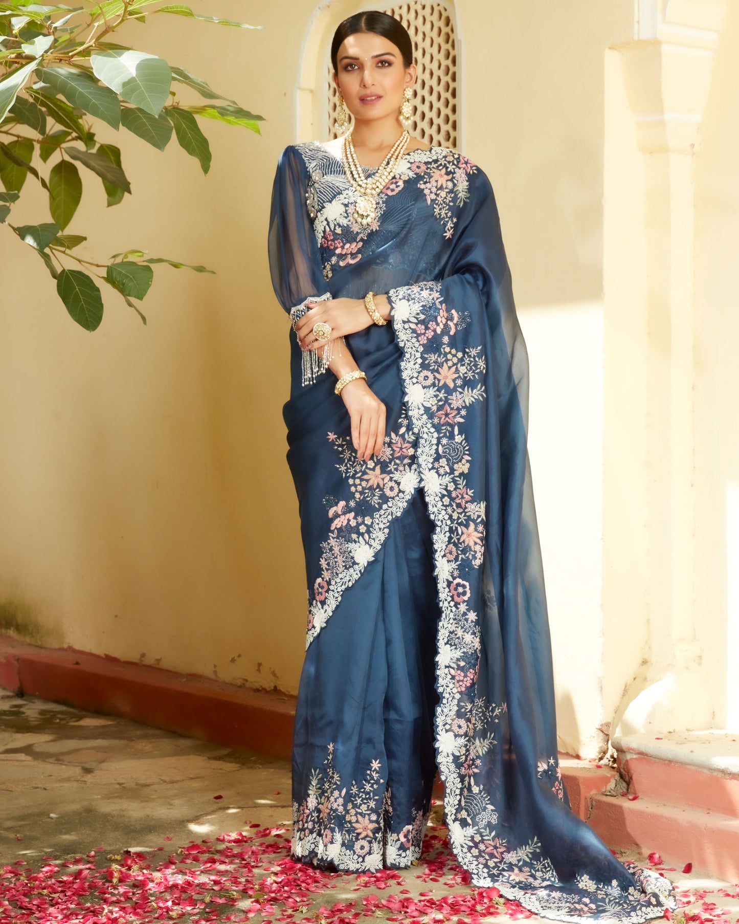 Prussian Blue Silk Organza Saree With Heavy Hand Work All Over