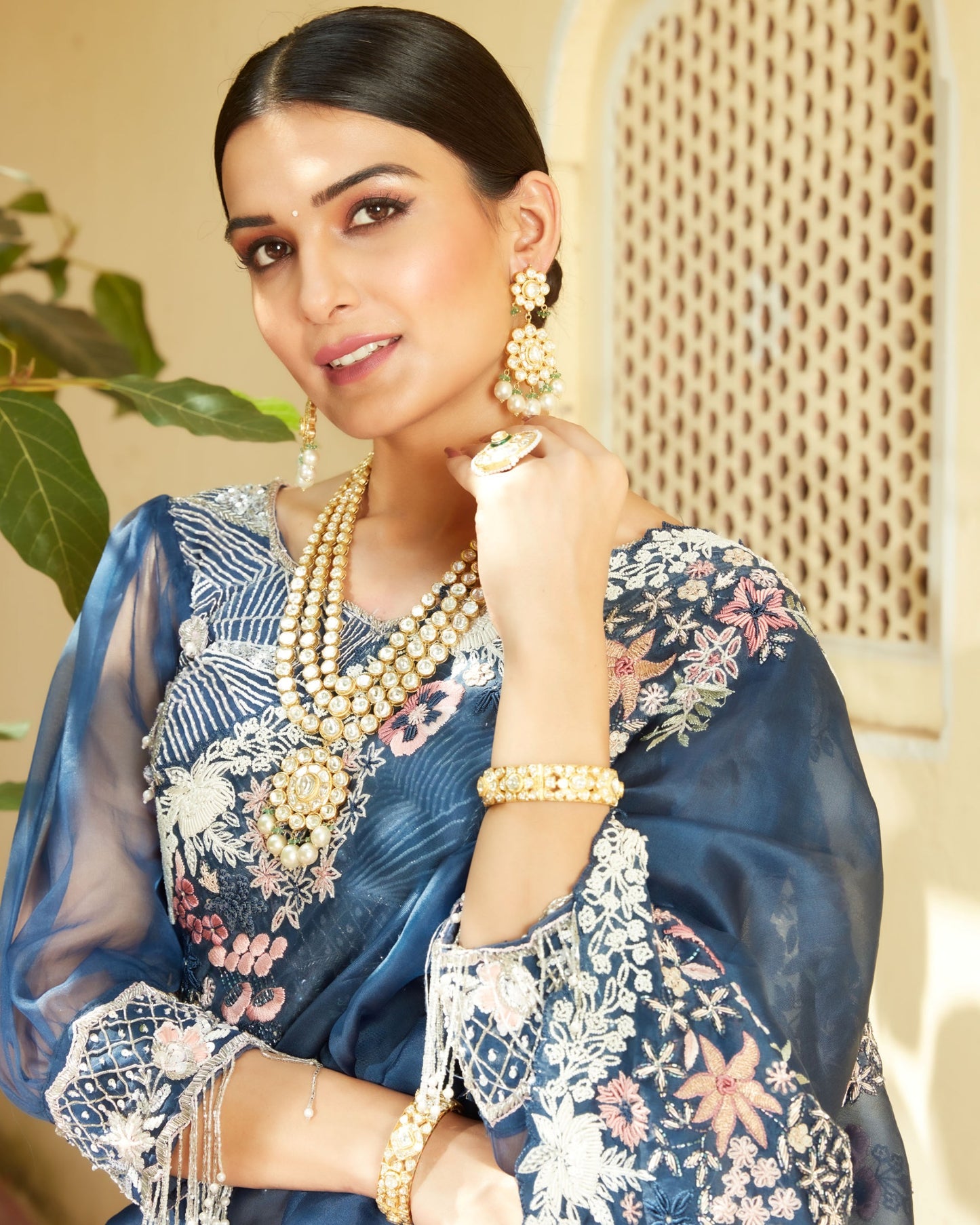 Prussian Blue Silk Organza Saree With Heavy Hand Work All Over