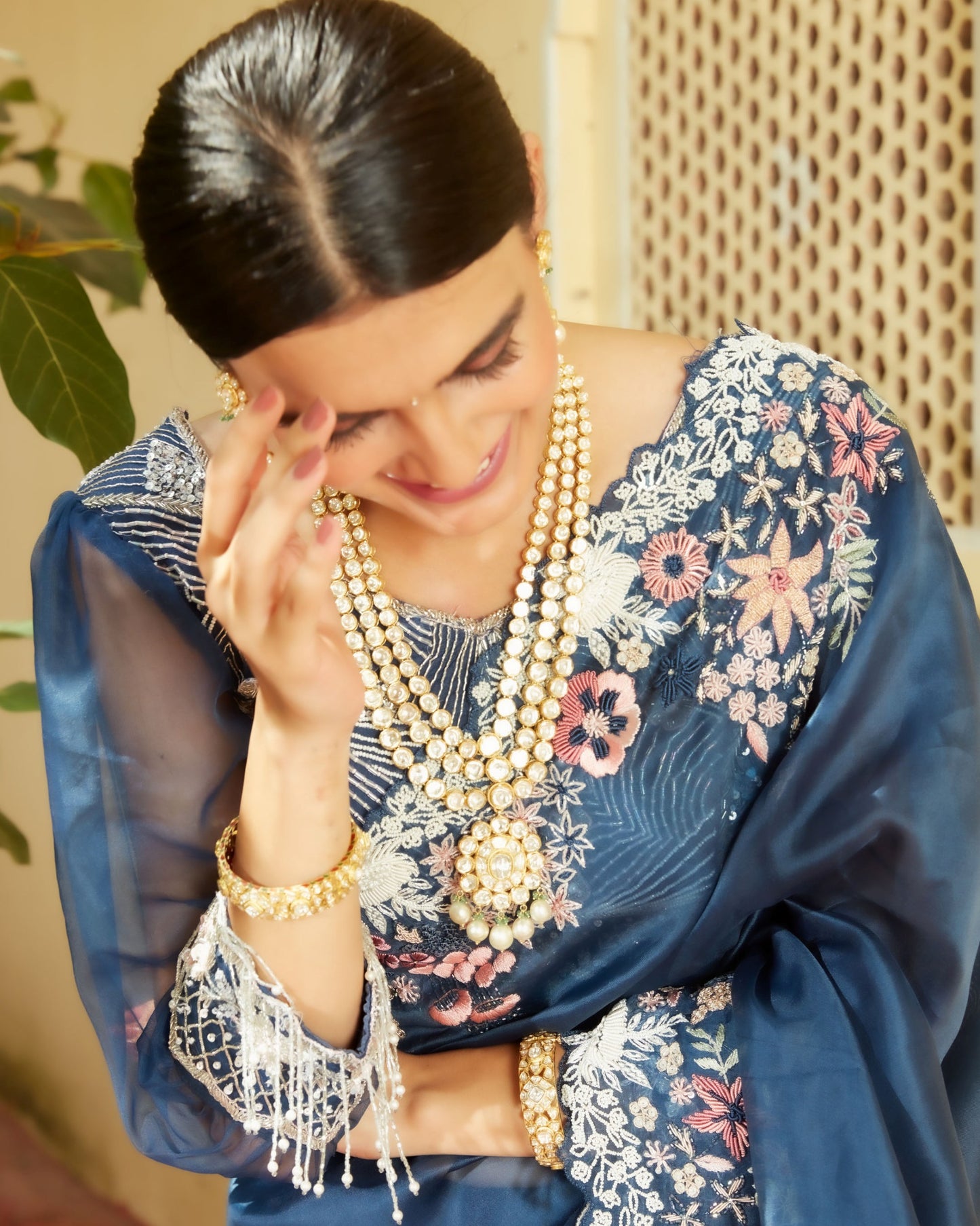 Prussian Blue Silk Organza Saree With Heavy Hand Work All Over