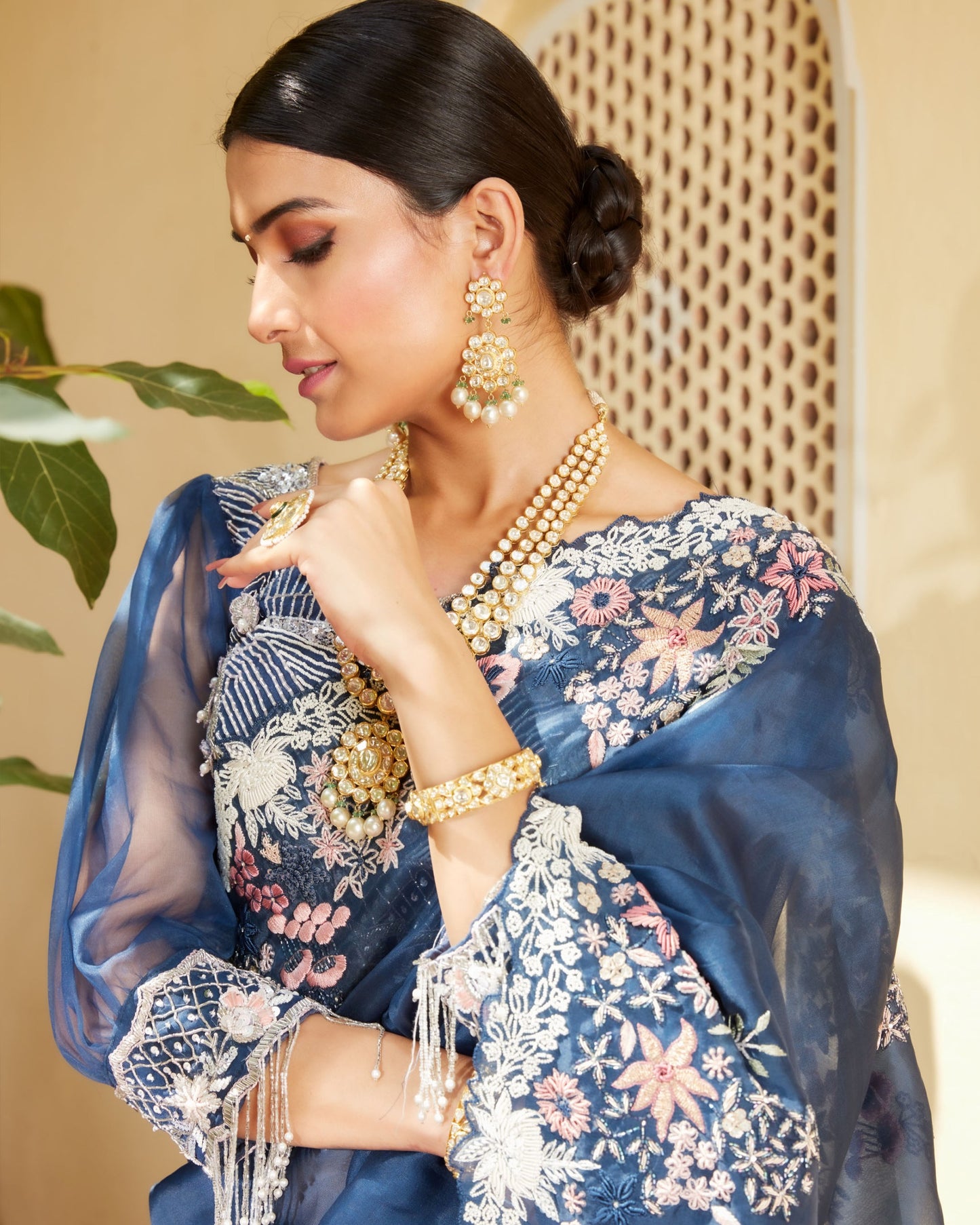 Prussian Blue Silk Organza Saree With Heavy Hand Work All Over