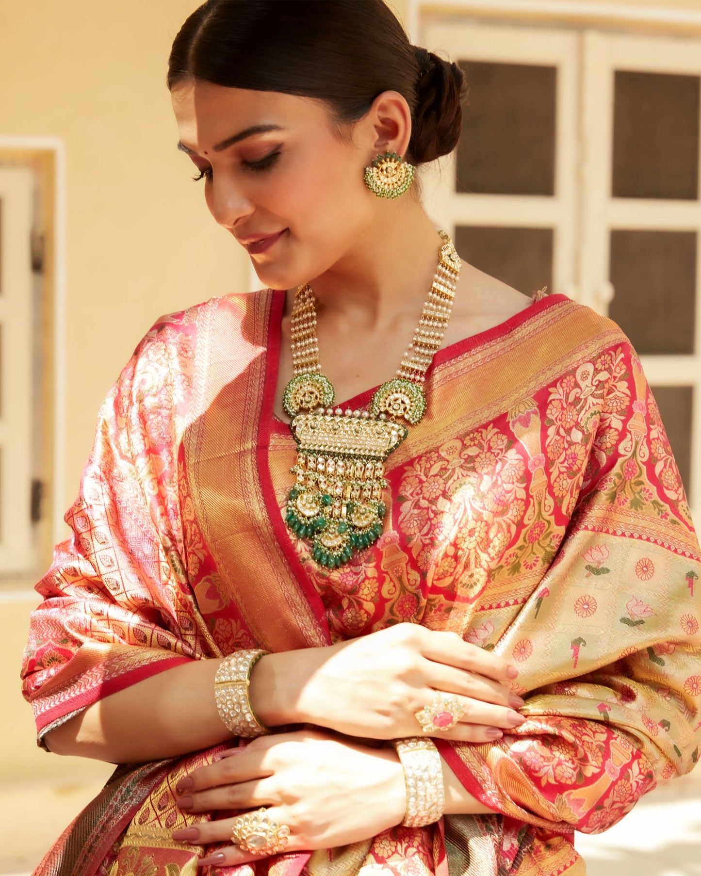 Rani Pink Pure Silk Meenakari Self-Woven Saree