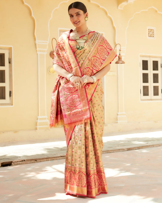 Rani Pink Pure Silk Meenakari Self-Woven Saree