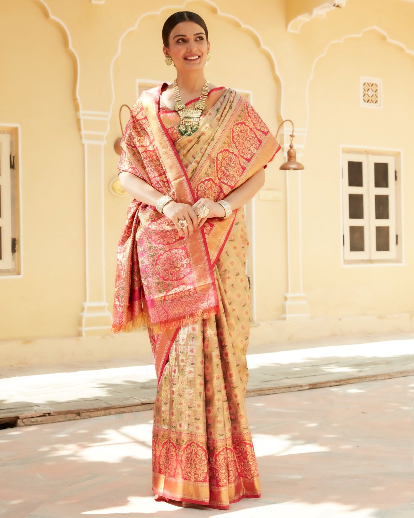 Rani Pink Pure Silk Meenakari Self-Woven Saree