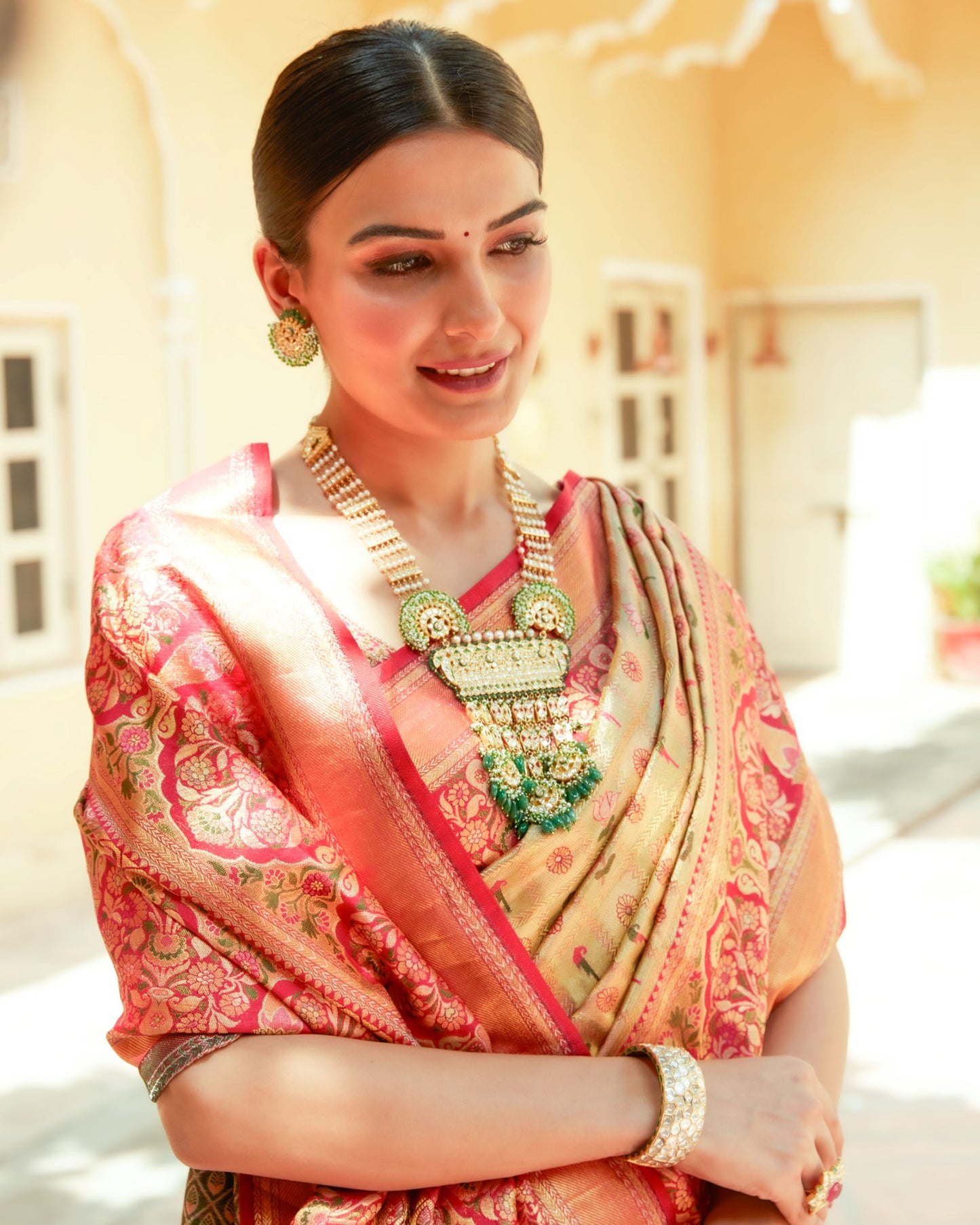 Rani Pink Pure Silk Meenakari Self-Woven Saree