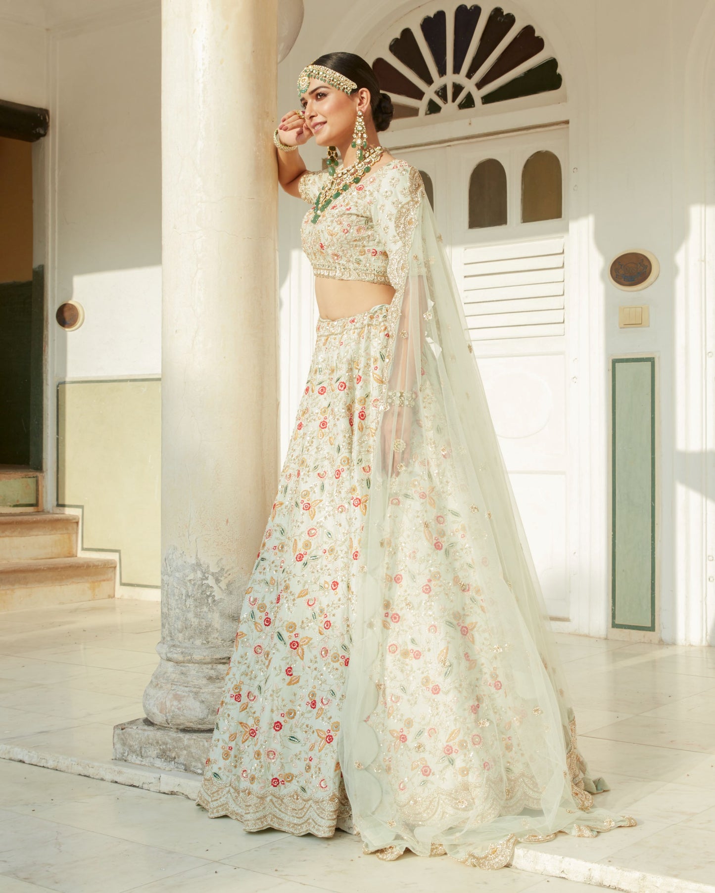 Mint Green Multi Colour Reshan Embroidered Raw Silk Lehenga Set