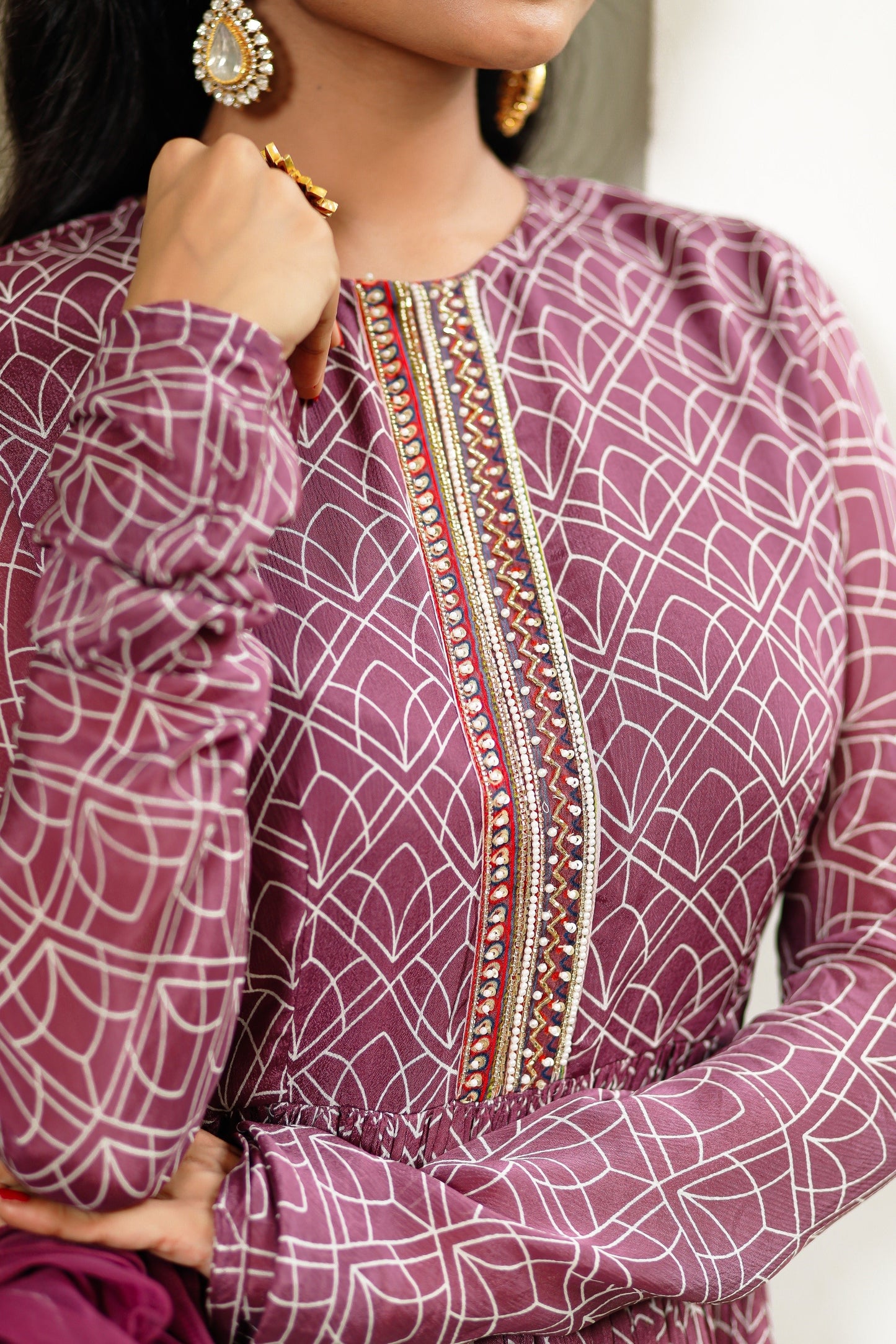 Purple Digitally Printed Chinnon Crepe Three Piece Sharara Set With Embellishment