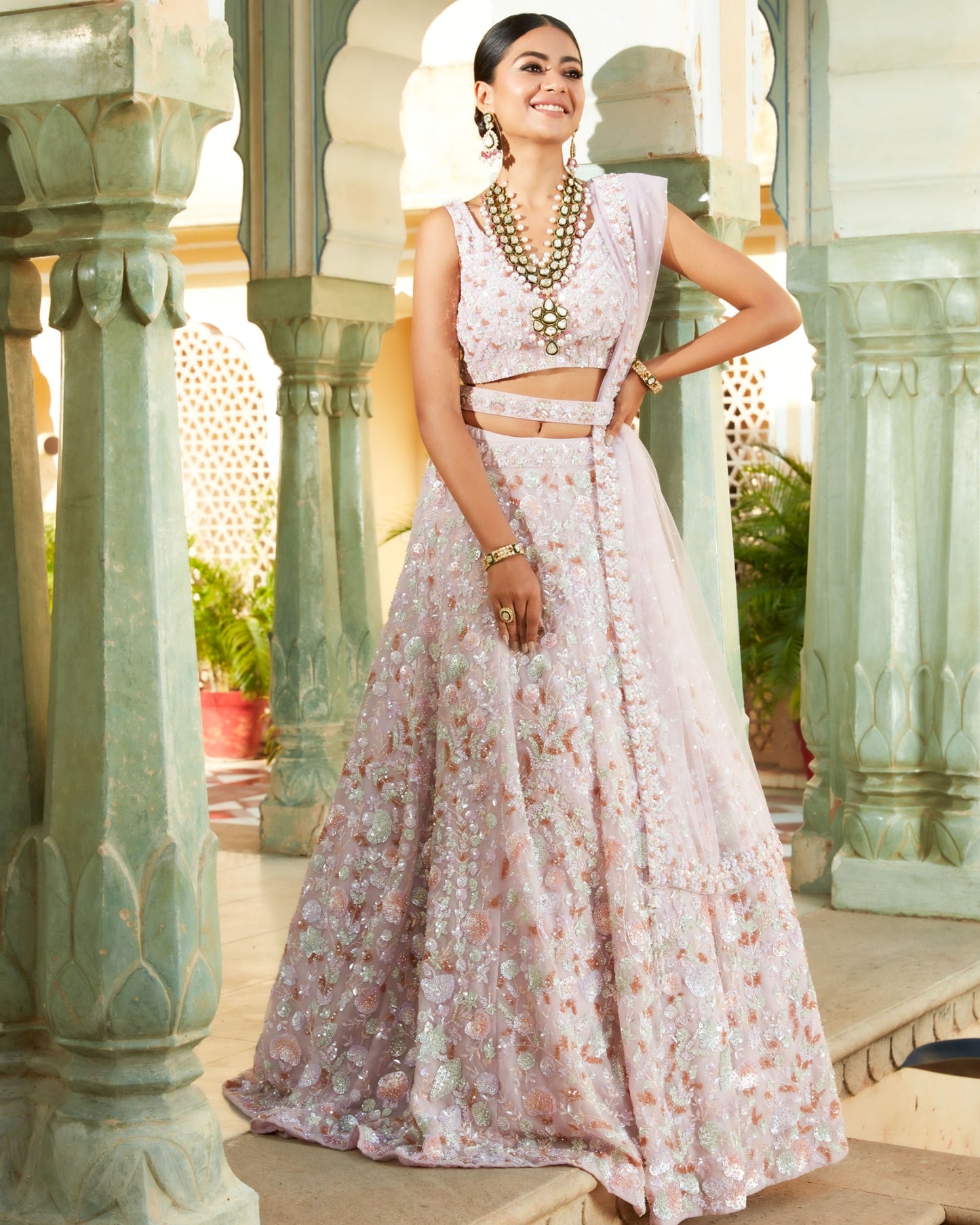 Lavender Blush Fine Net Lehenga Set In 3D Floral Embroidery