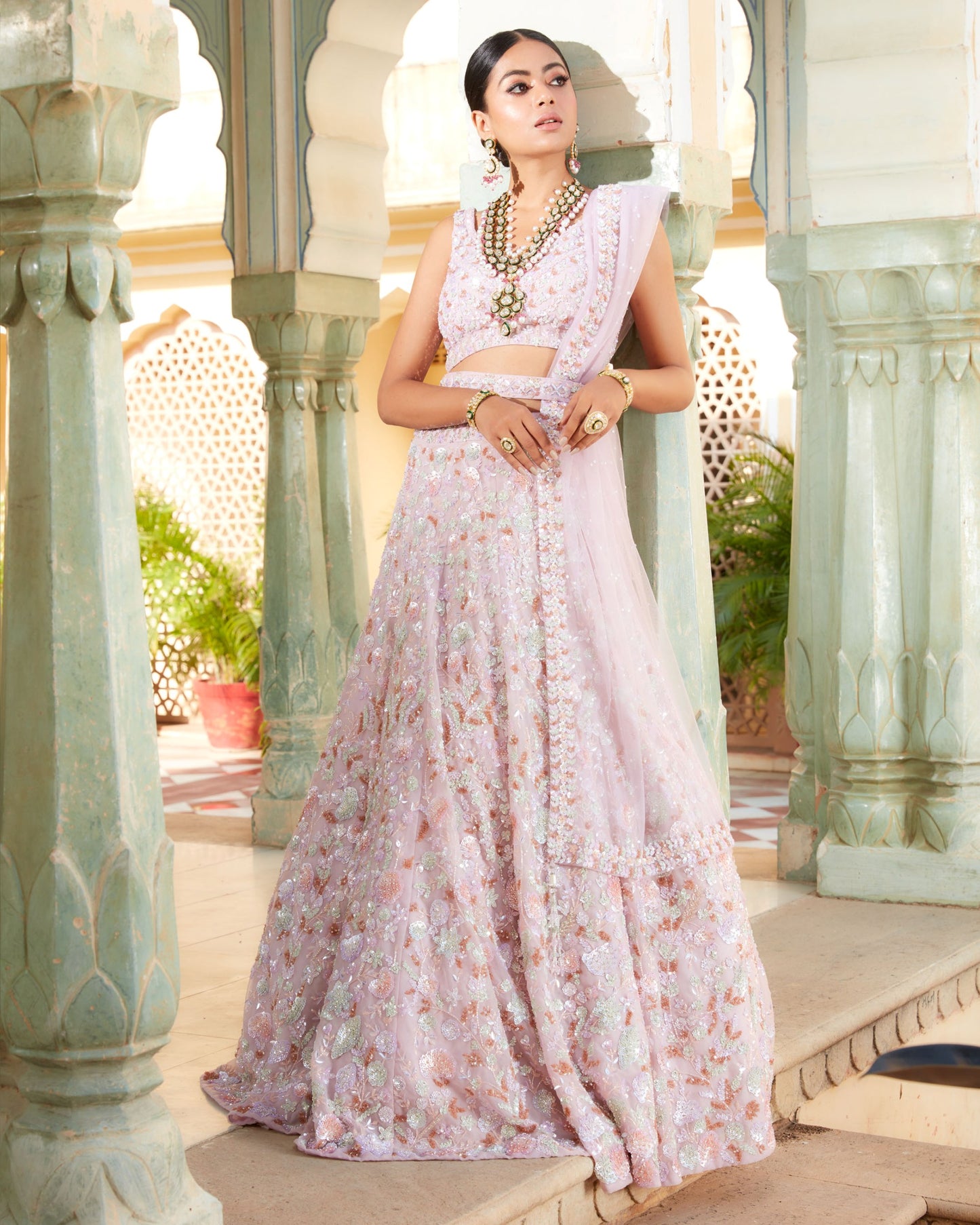 Lavender Blush Fine Net Lehenga Set In 3D Floral Embroidery
