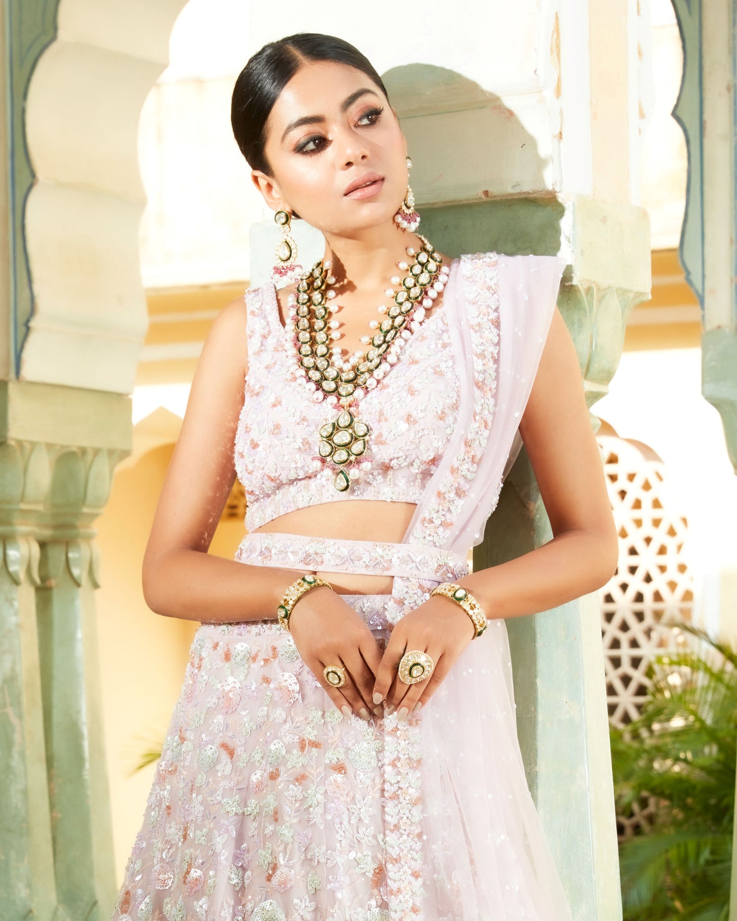 Lavender Blush Fine Net Lehenga Set In 3D Floral Embroidery