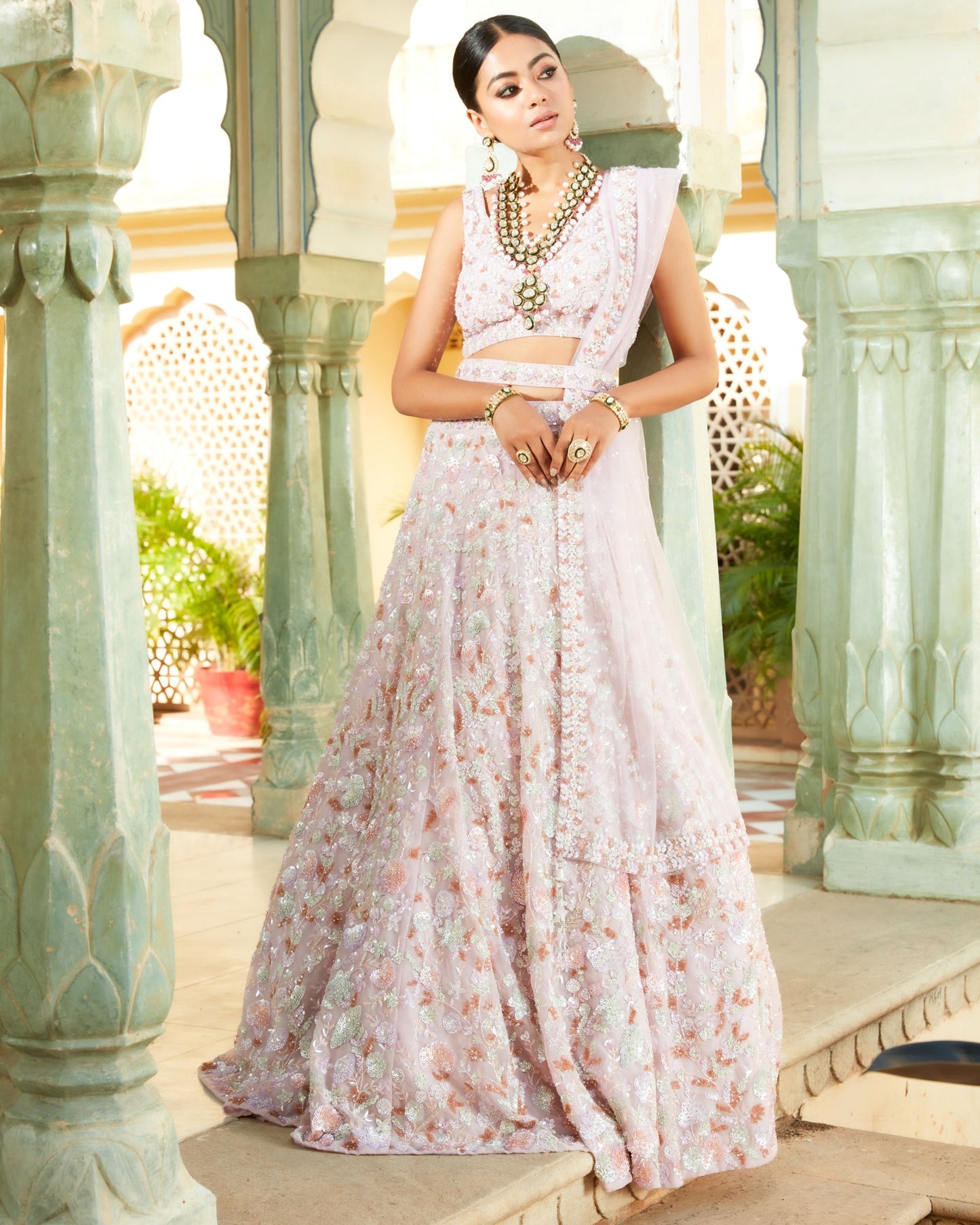 Lavender Blush Fine Net Lehenga Set In 3D Floral Embroidery