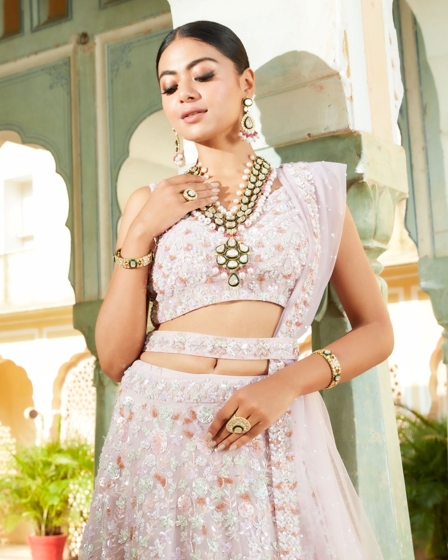Lavender Blush Fine Net Lehenga Set In 3D Floral Embroidery