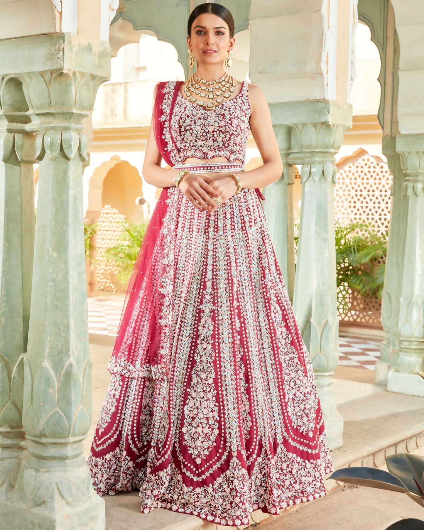 Wine Multi Colour Sequin Embellished Lehenga Choli Set