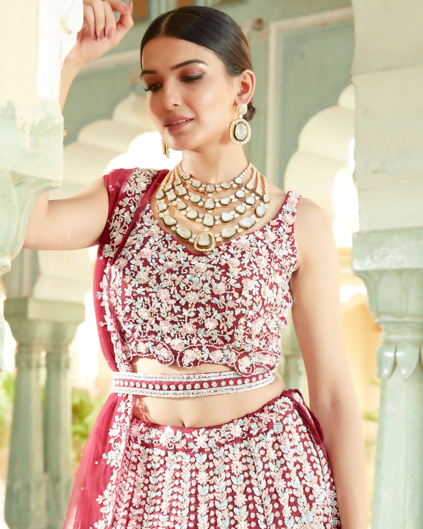 Wine Multi Colour Sequin Embellished Lehenga Choli Set