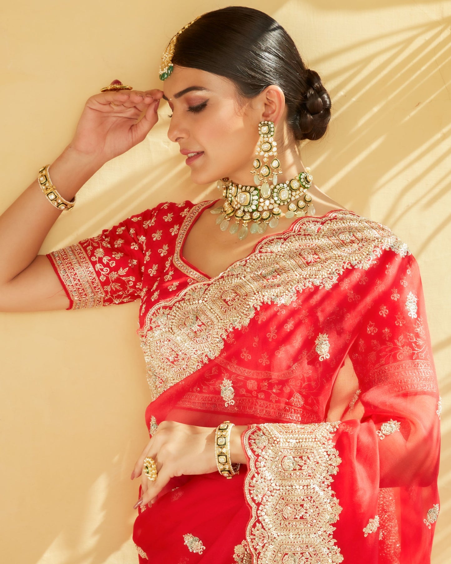 Cherry Red Silk Organza Embellished Saree With Scallop Hem