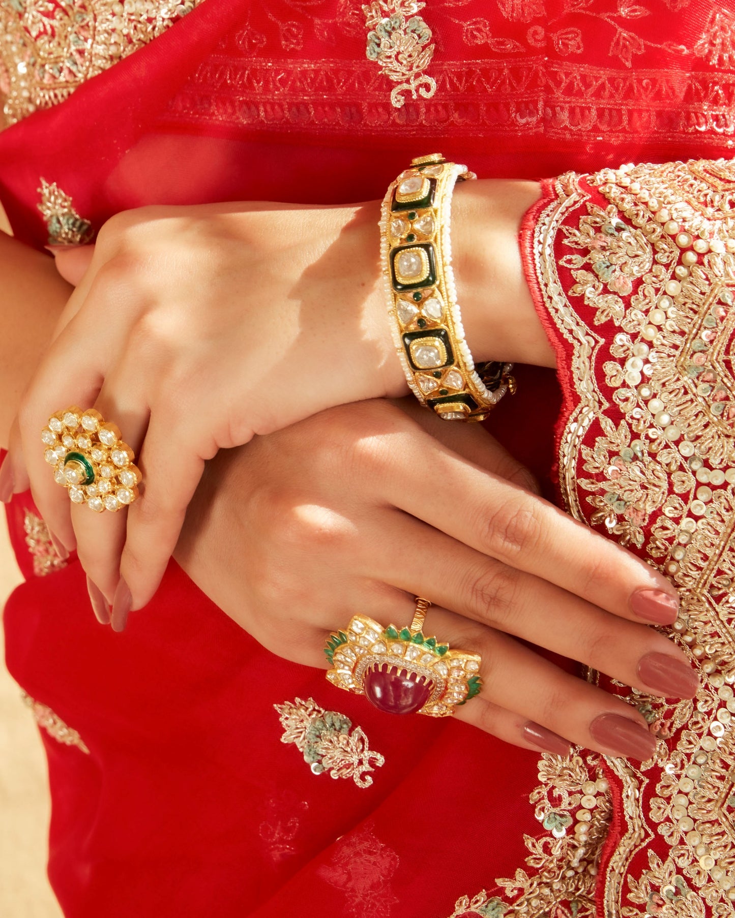Cherry Red Silk Organza Embellished Saree With Scallop Hem