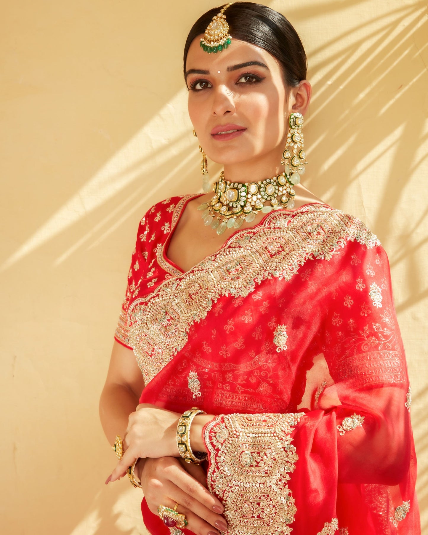 Cherry Red Silk Organza Embellished Saree With Scallop Hem
