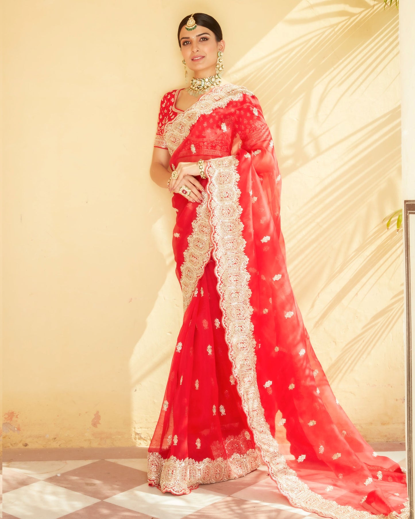 Cherry Red Silk Organza Embellished Saree With Scallop Hem