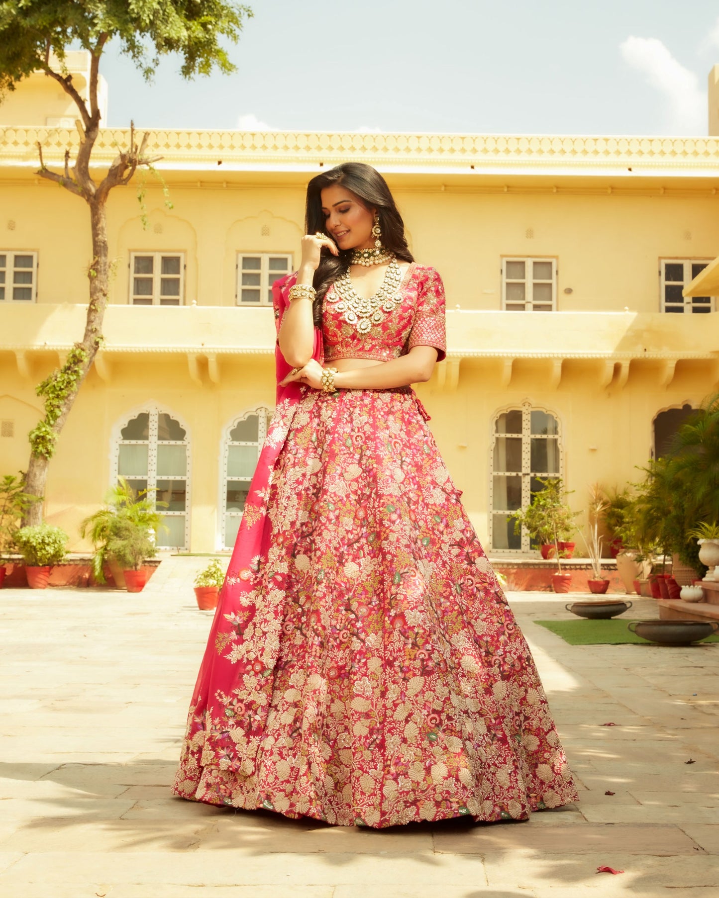 Magenta Pink Lehenga Choli Set In Raw Silk With Multi Color Resham And Zardozi Work