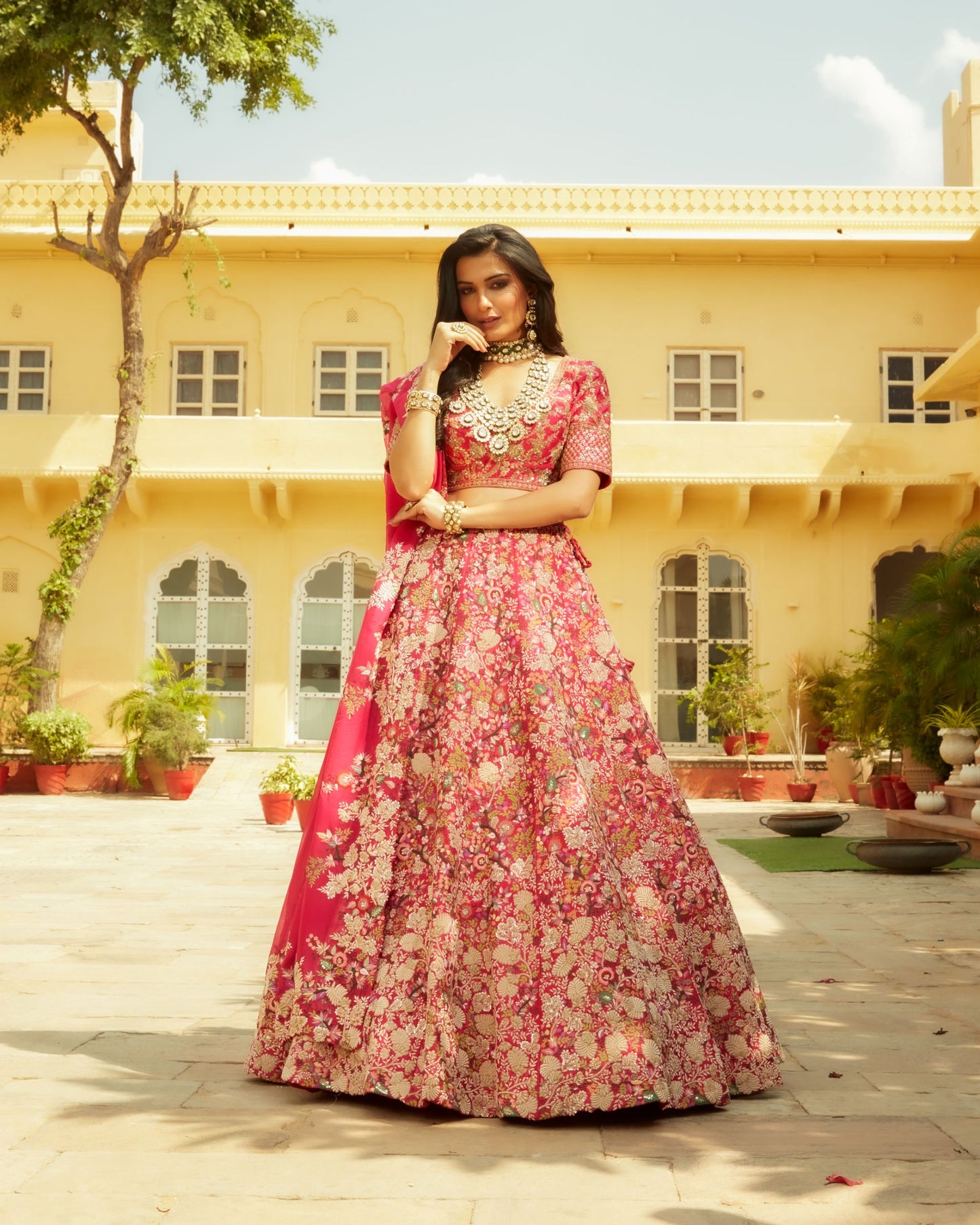 Magenta Pink Lehenga Choli Set In Raw Silk With Multi Color Resham And Zardozi Work