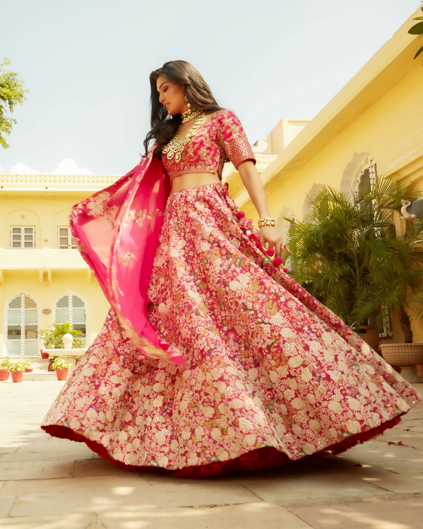 Magenta Pink Lehenga Choli Set In Raw Silk With Multi Color Resham And Zardozi Work