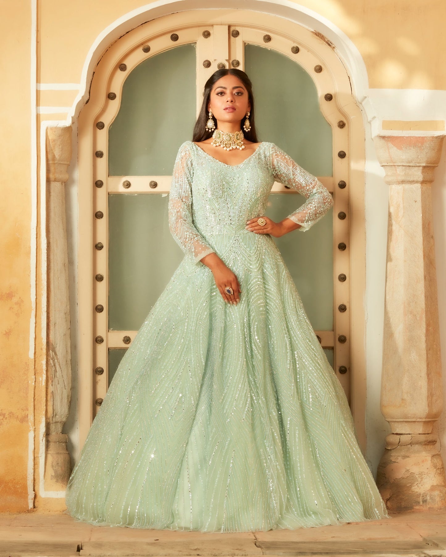 Aqua Blue Gown Fully Embellished In a Sheer Net