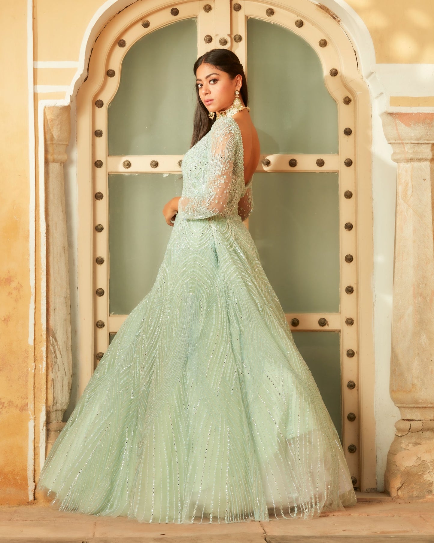 Aqua Blue Gown Fully Embellished In a Sheer Net