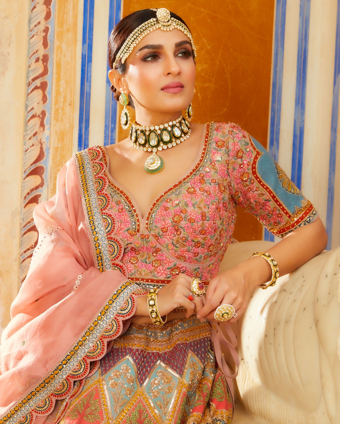 Soft Peach Raw Silk Lehenga Choli In Multi Color Thread Embroidery And Embellishment In Intricate Moroccan, Floral And Kalamkari Motifs