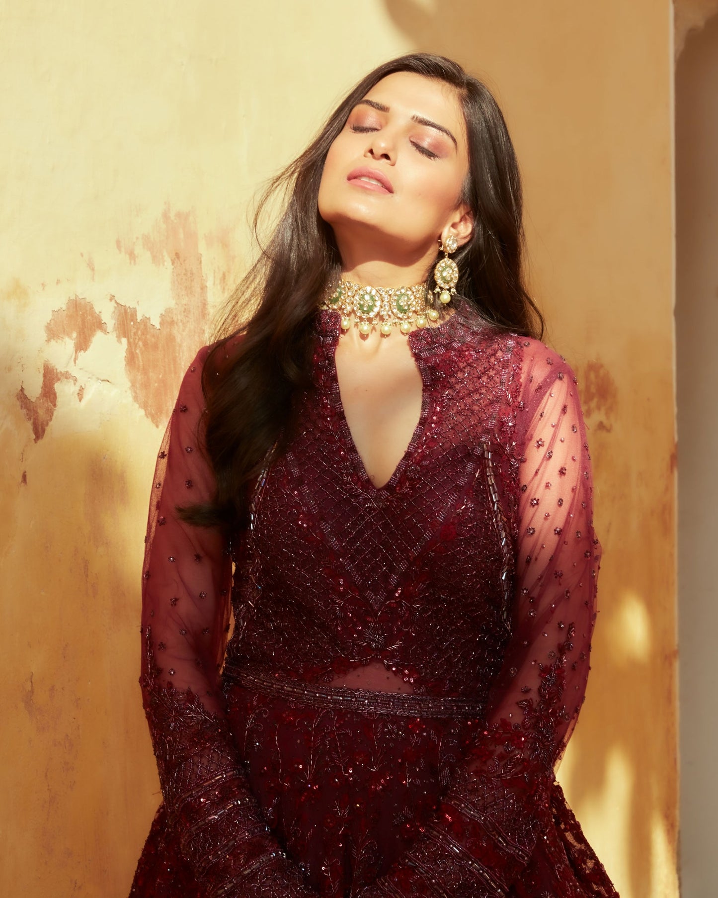 Dark Plum Floral Embellished Net Gown