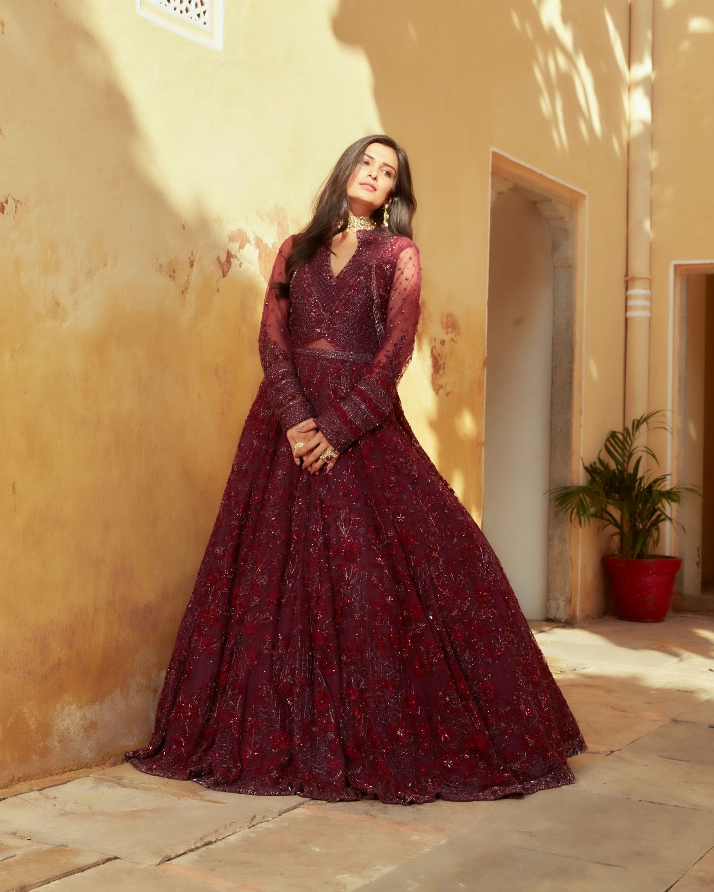 Dark Plum Floral Embellished Net Gown