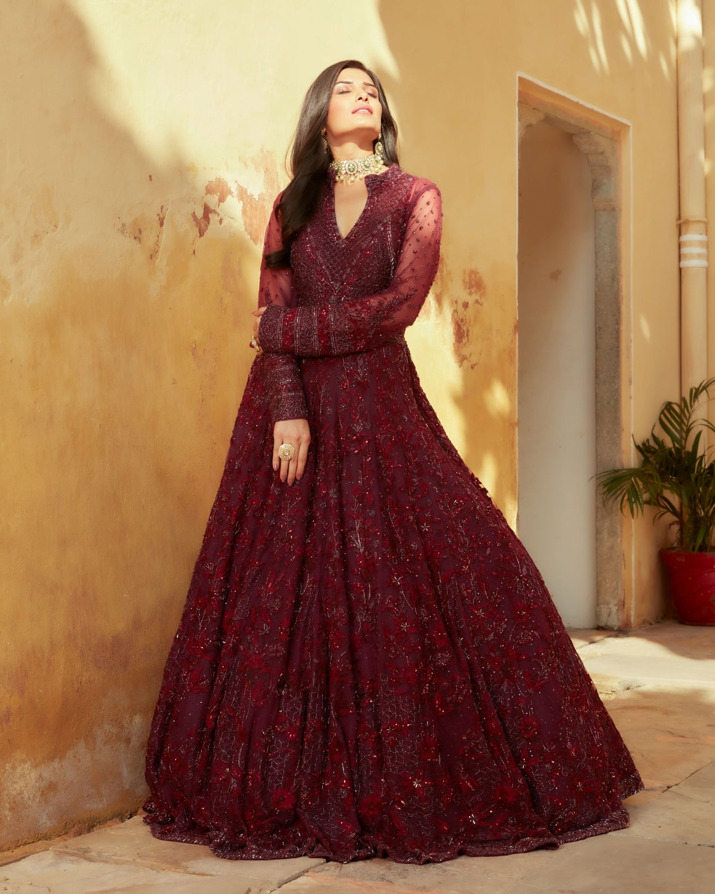 Dark Plum Floral Embellished Net Gown