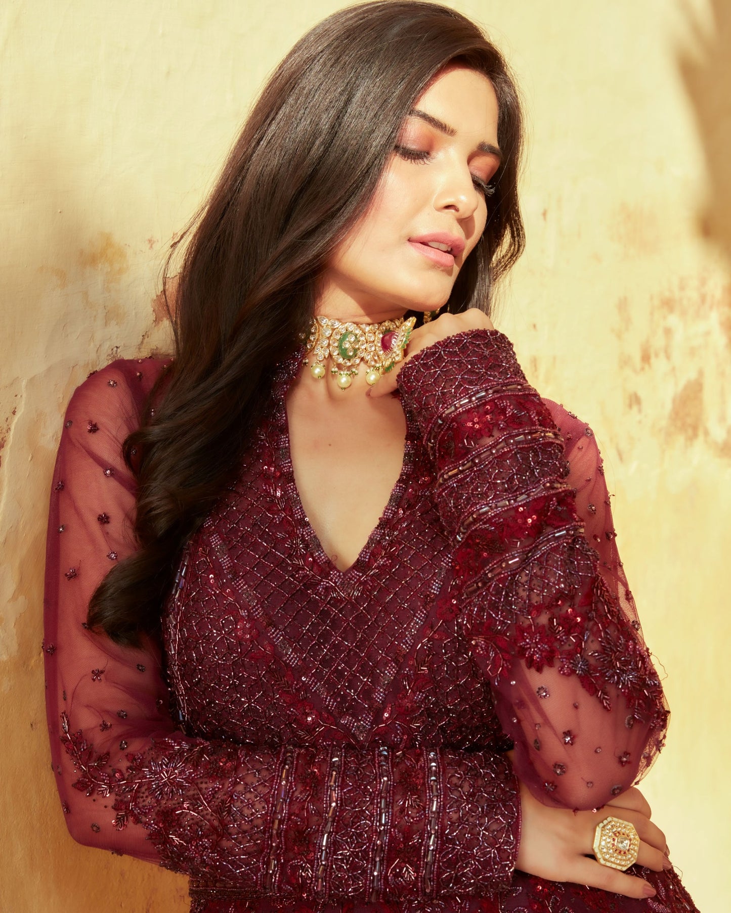 Dark Plum Floral Embellished Net Gown