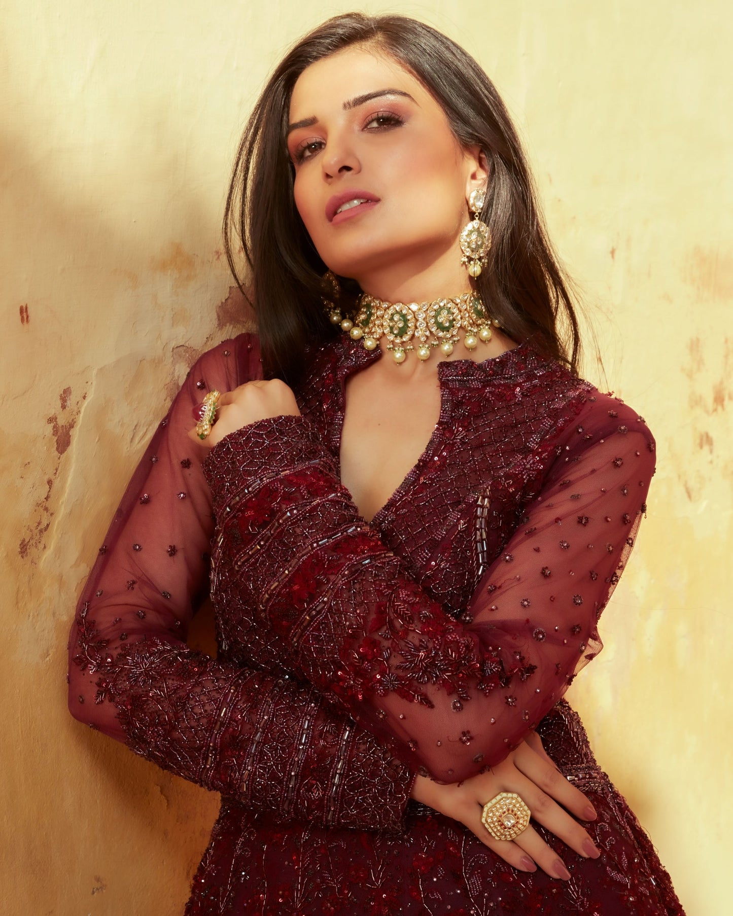 Dark Plum Floral Embellished Net Gown