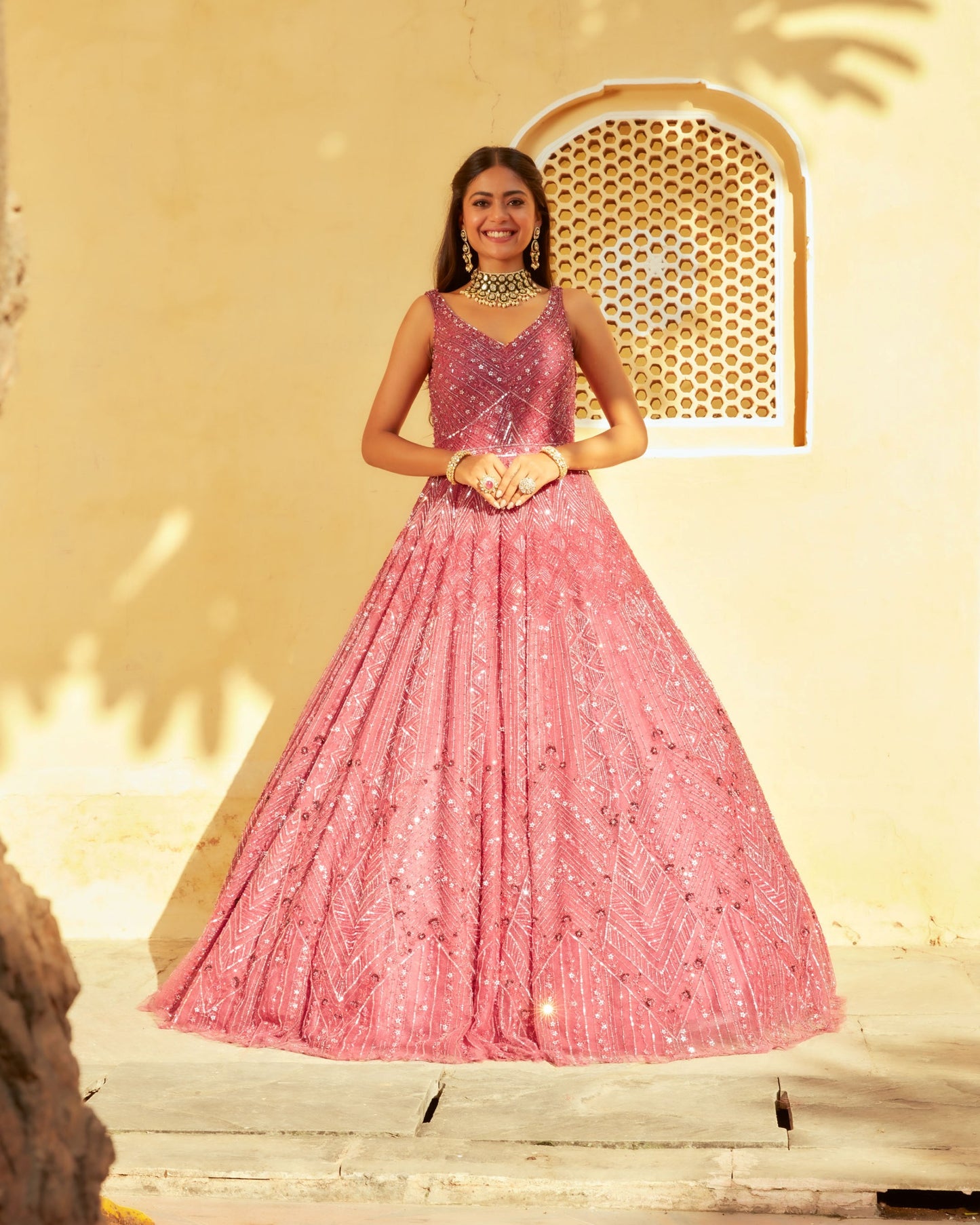 Light Magenta Geometric And Floral Embroidery Net Gown