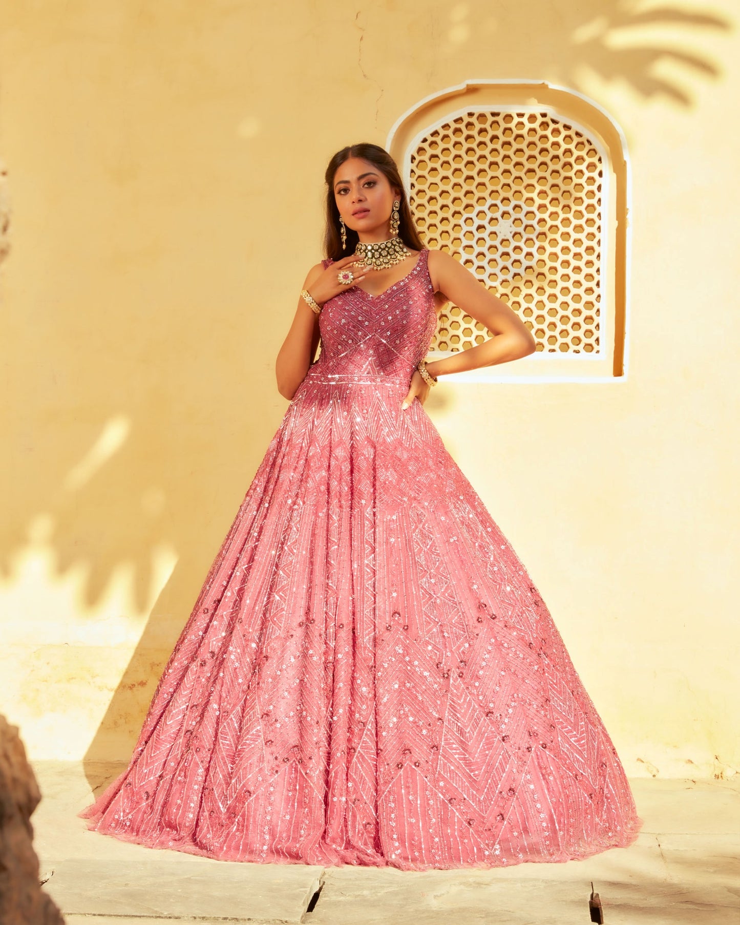Light Magenta Geometric And Floral Embroidery Net Gown