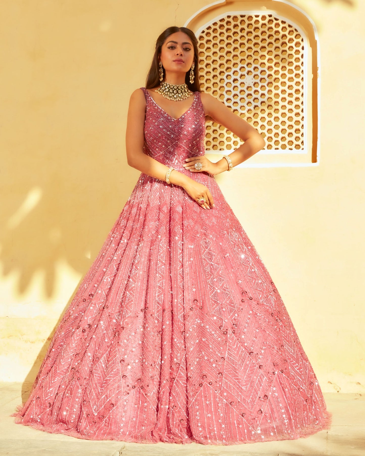 Light Magenta Geometric And Floral Embroidery Net Gown