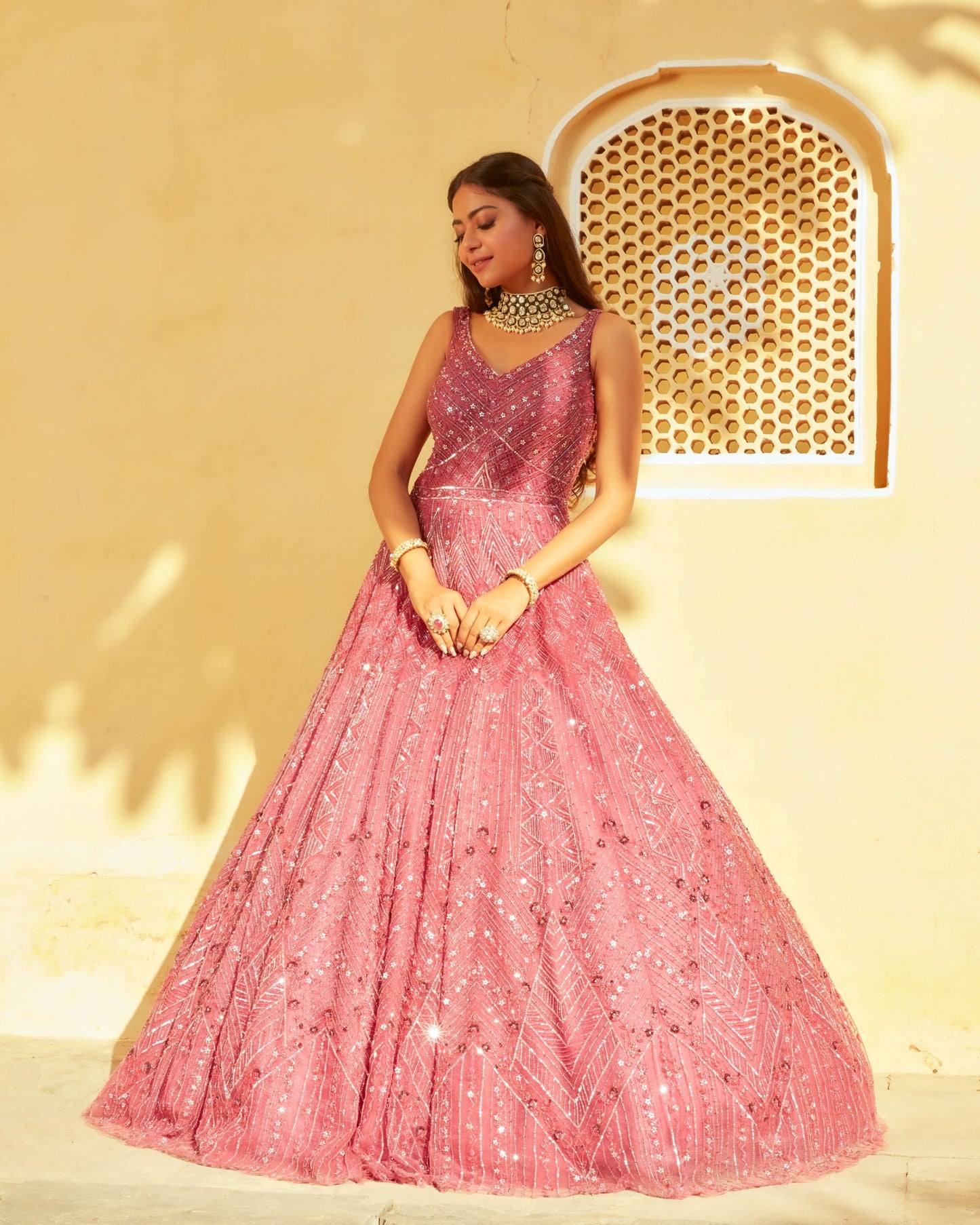 Light Magenta Geometric And Floral Embroidery Net Gown