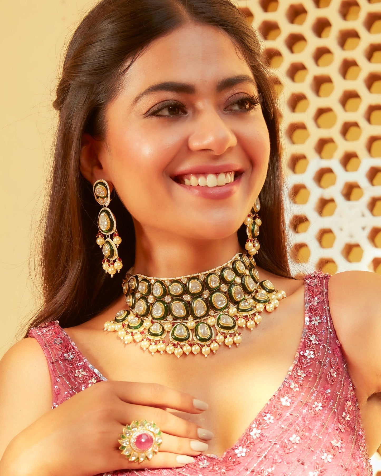 Light Magenta Geometric And Floral Embroidery Net Gown