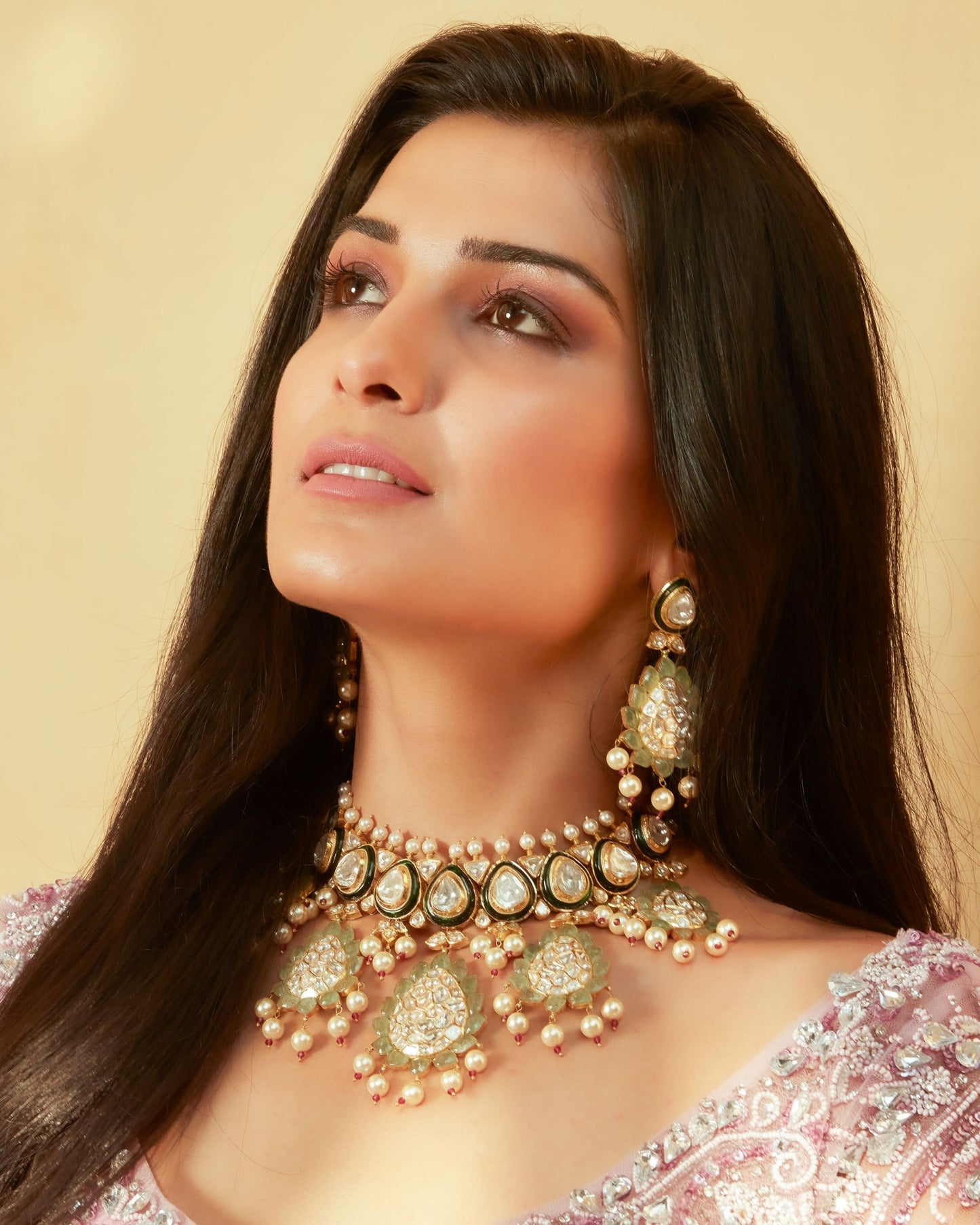 Light Lavender Net Ballgown Embellished With Moti, Sequin, Cut Dana, And Stone