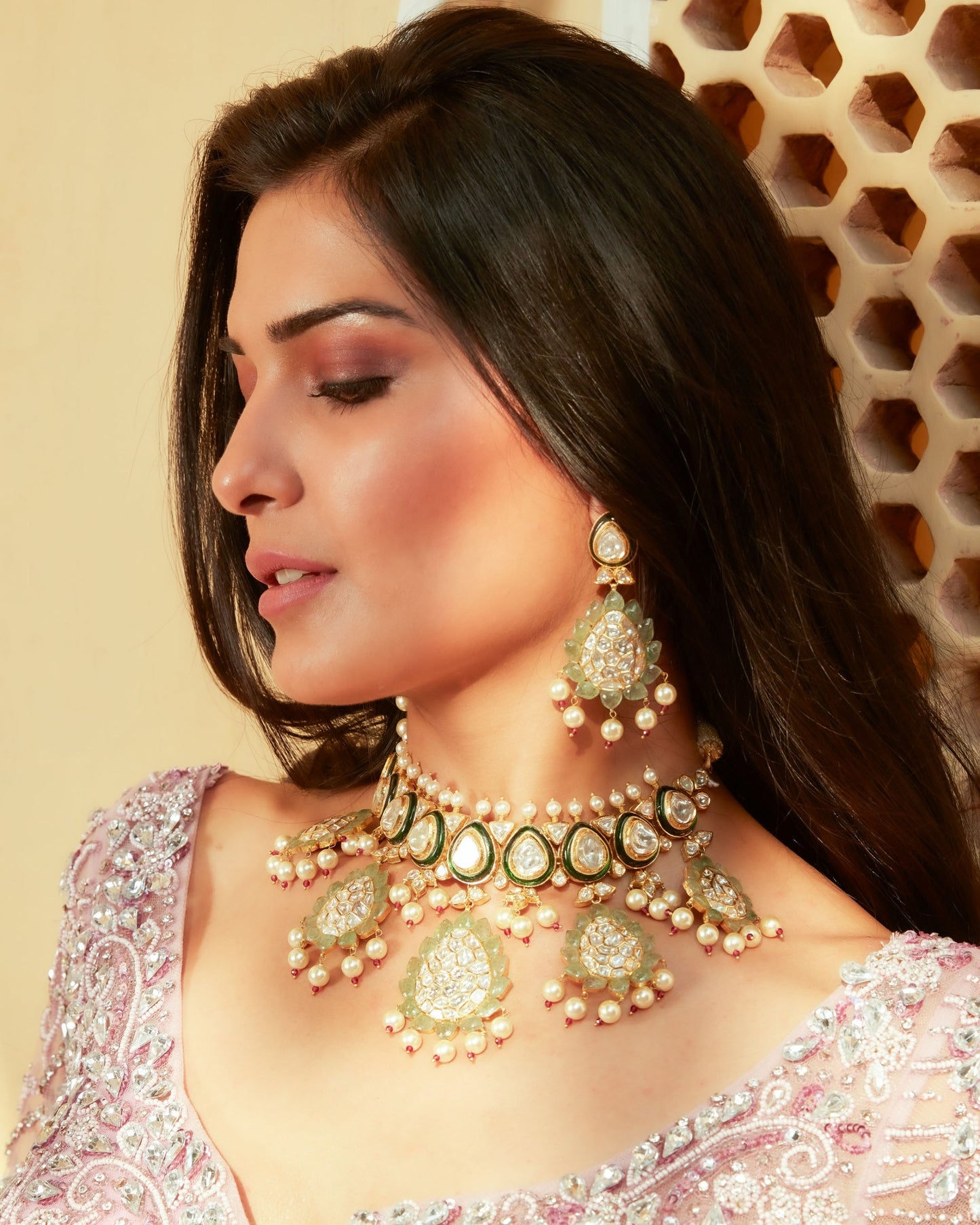 Light Lavender Net Ballgown Embellished With Moti, Sequin, Cut Dana, And Stone