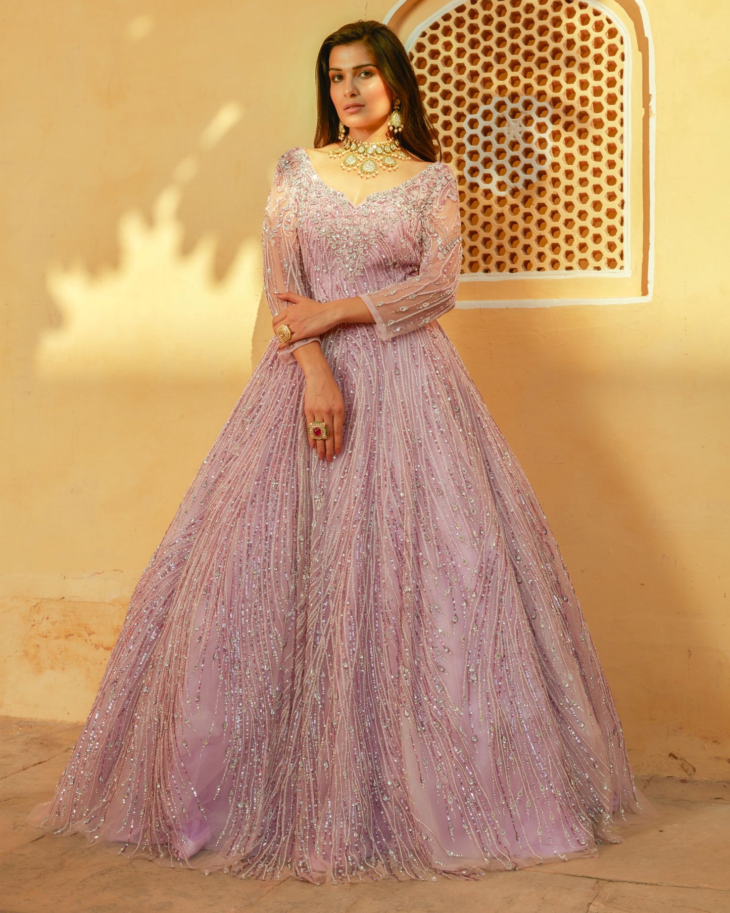 Light Lavender Net Ballgown Embellished With Moti, Sequin, Cut Dana, And Stone