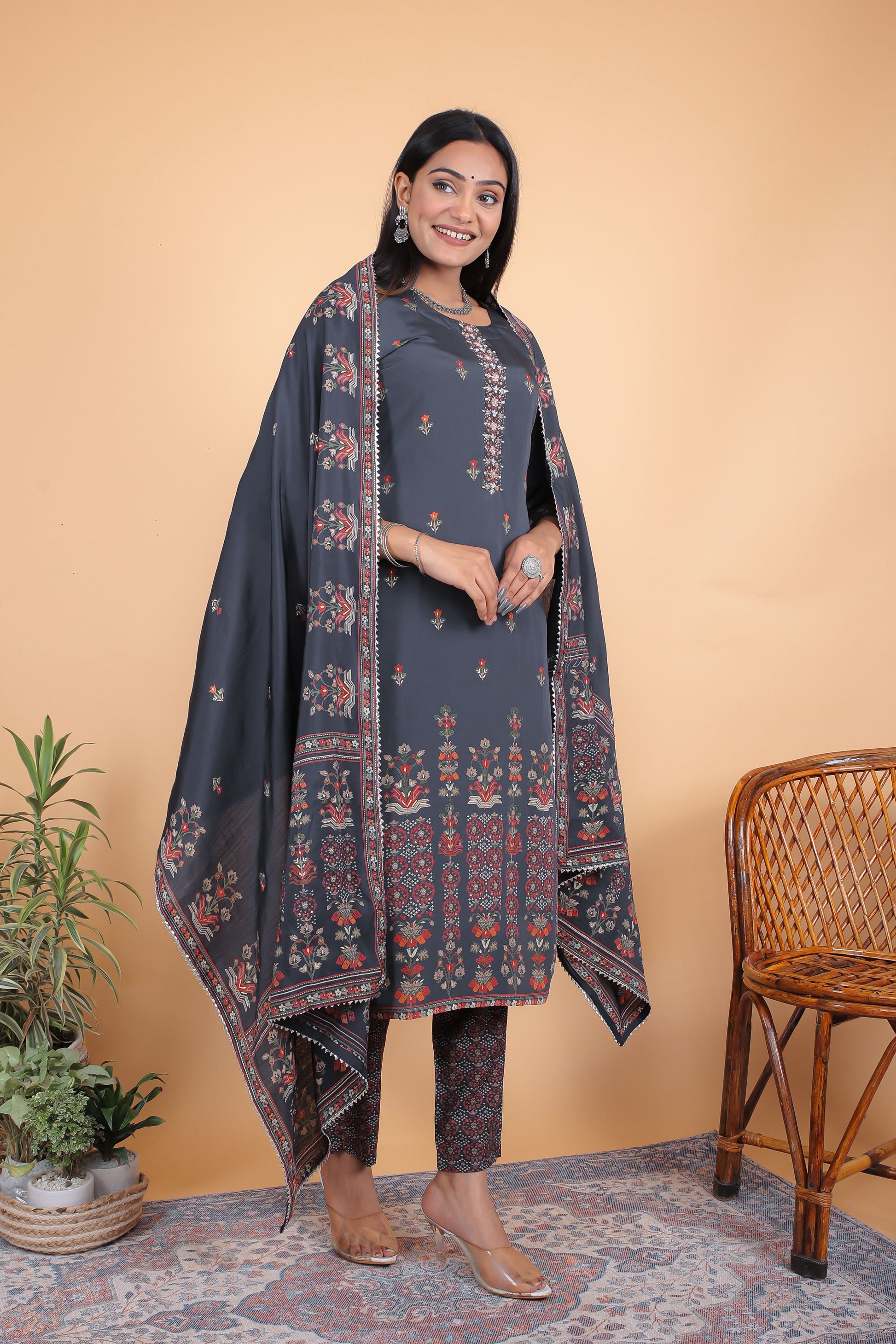 Navy Blue Cotton Silk Printed Kurta Set