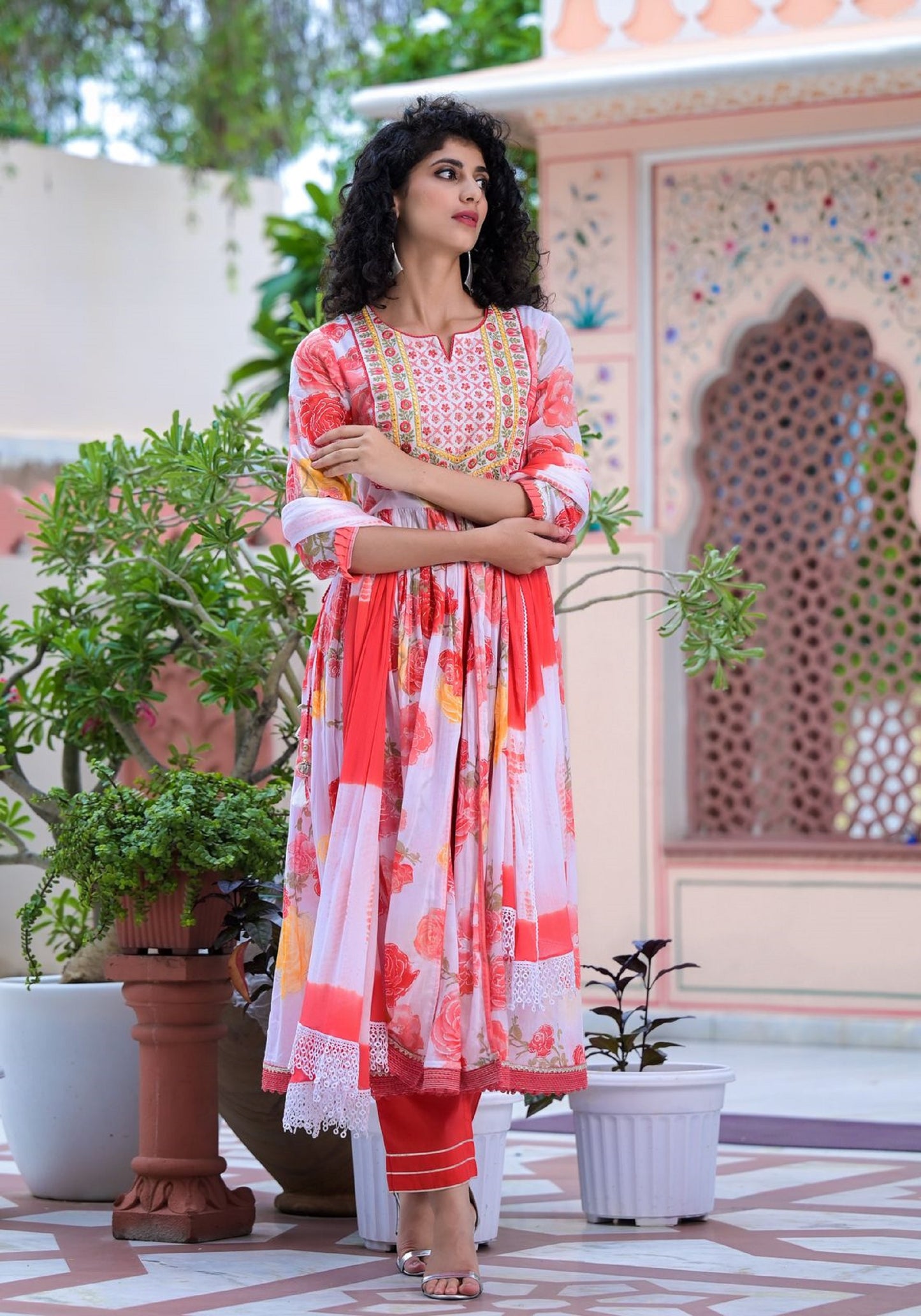 White Cotton Front Slit Anarkali With Pant And Dupatta