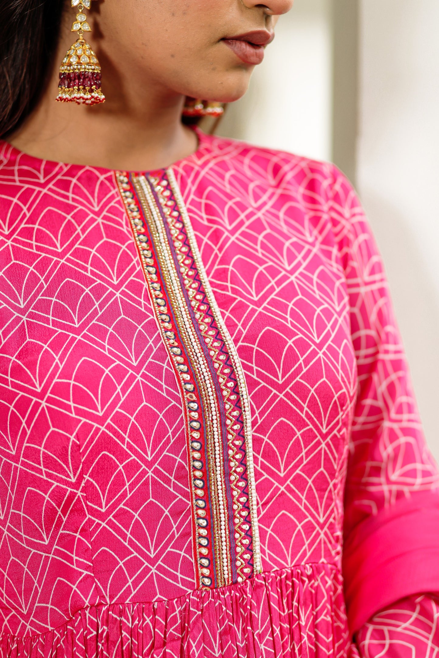 Pink Digitally Printed Chinnon Crepe Three Piece Sharara Set With Embellishment