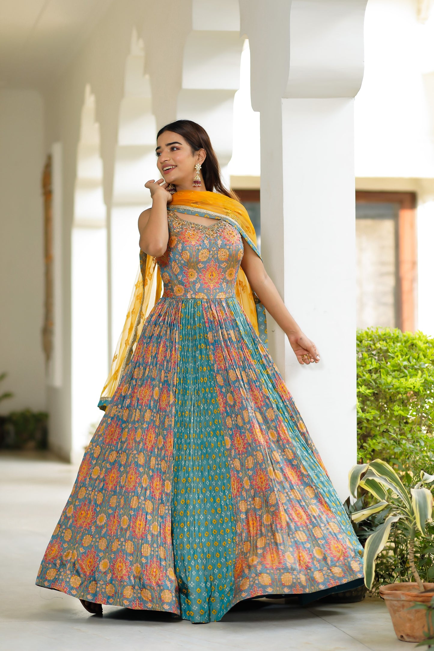 Multi-Coloured Printed Anarkali With Dupatta