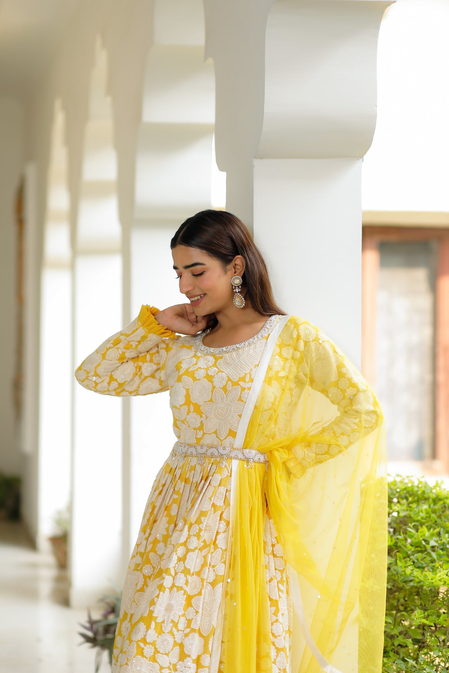 Butter Yellow Floor Length Gown with Floral Thread Embroidery