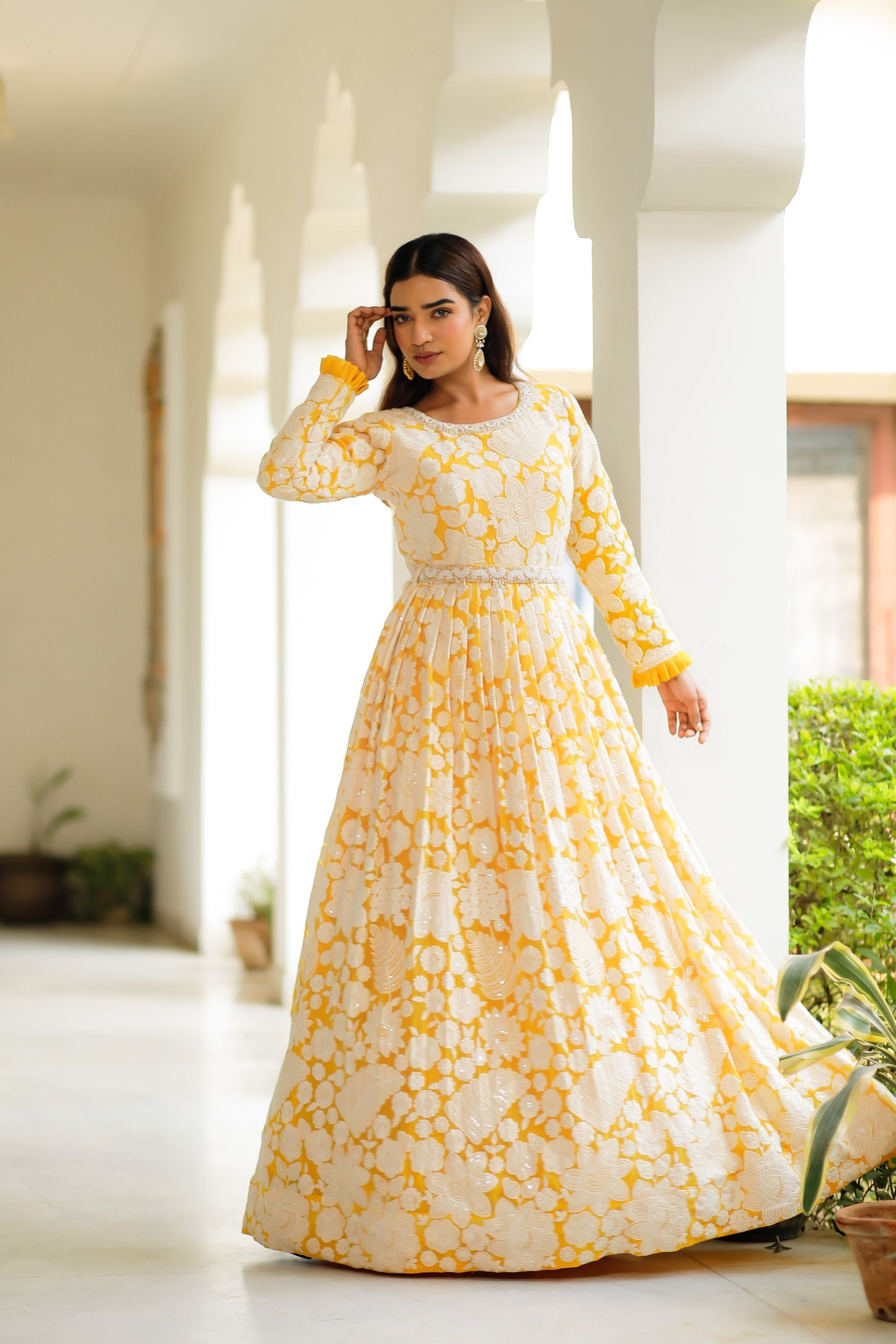 Butter Yellow Floor Length Gown with Floral Thread Embroidery