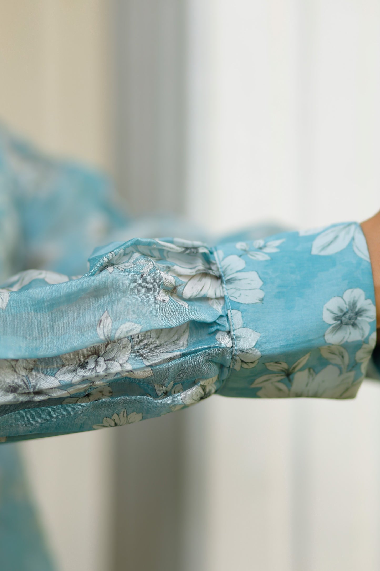 Dusty Blue Silk Organza Floral Printed Peplum Top with Raw Silk Pants