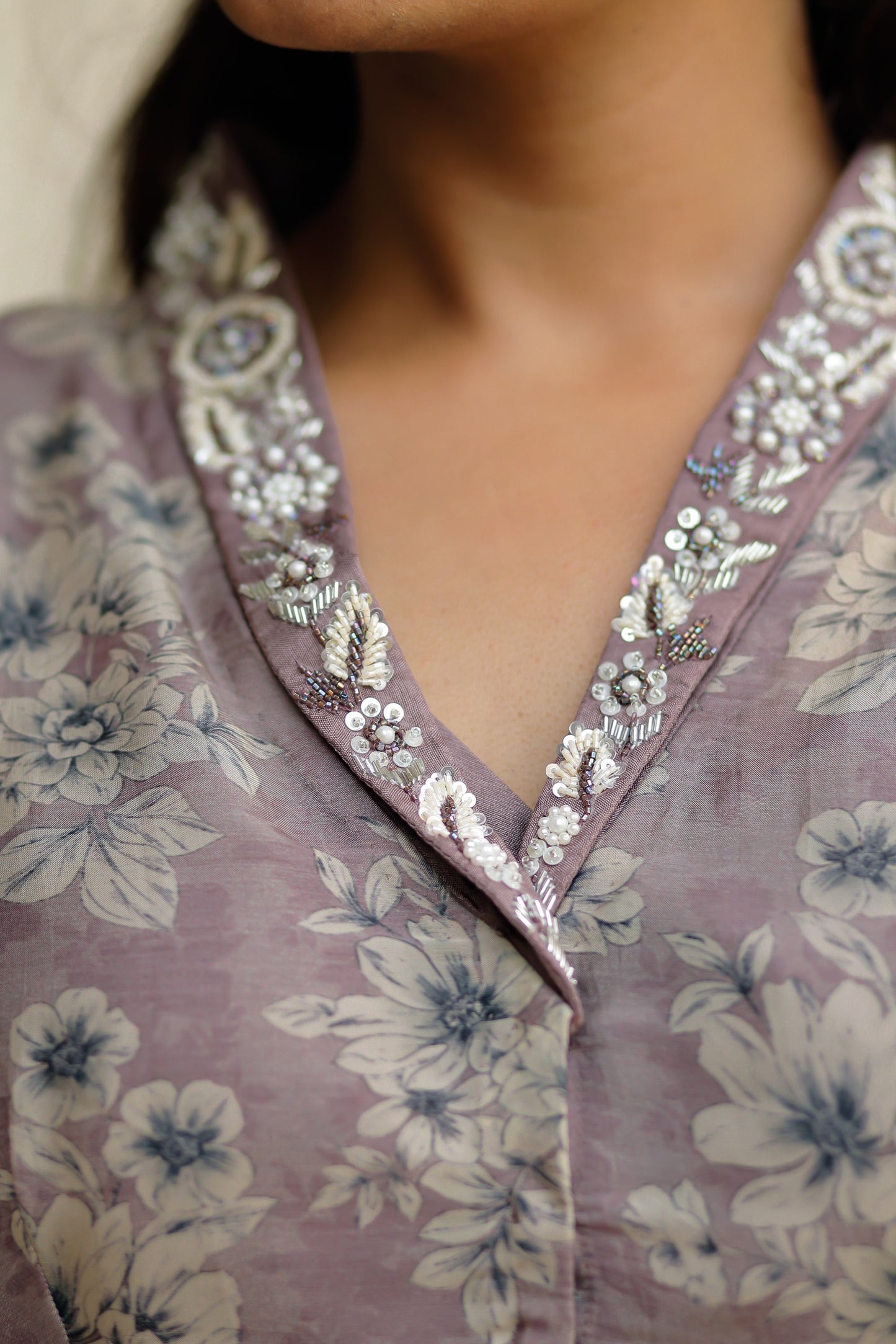 Dusty Purple Silk Organza Floral Printed Peplum Top with Raw Silk Pants